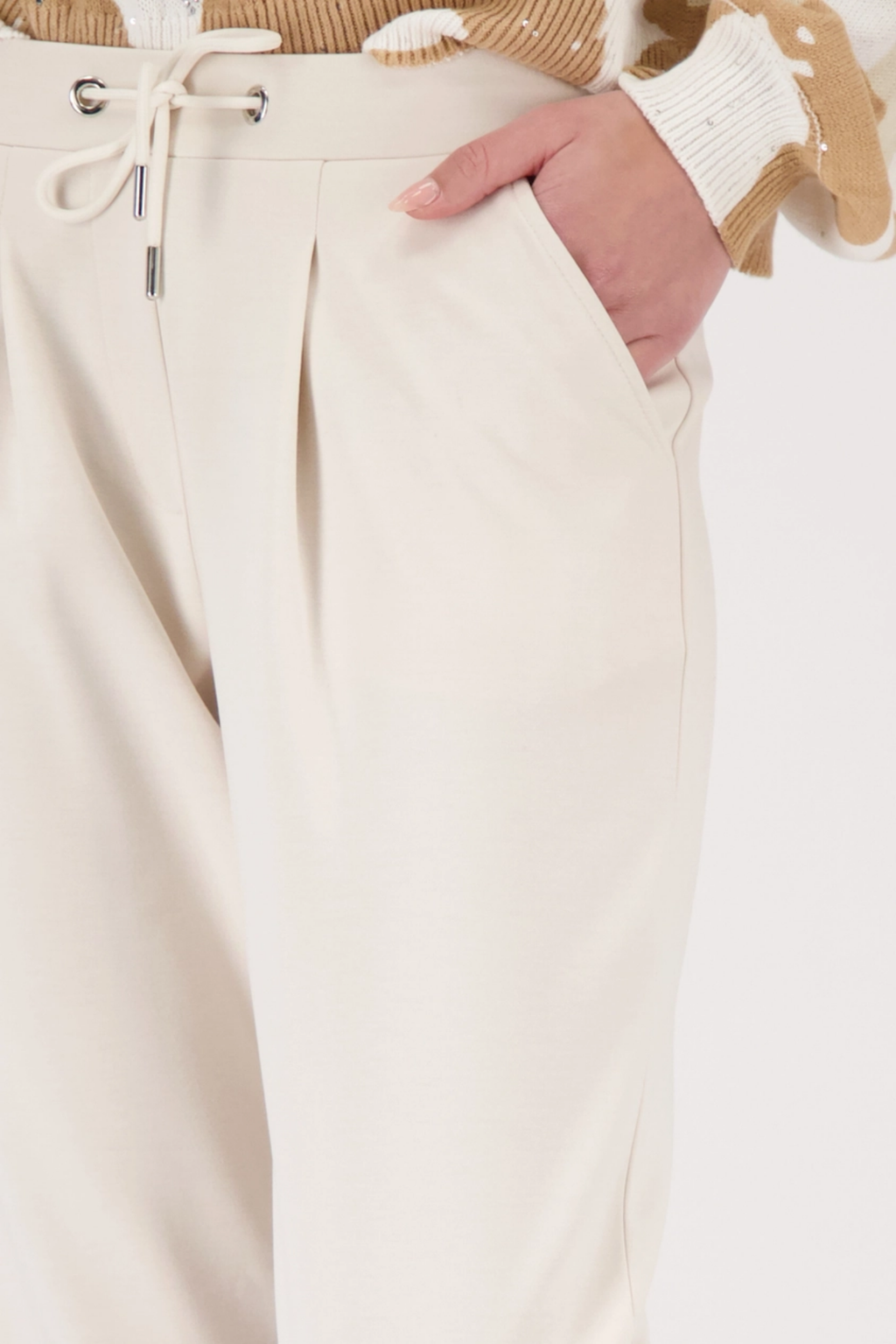 Monari 410465 Drawstring Sweatpants Champagne Beige by Monari shown with hand in pocket, shop Monari at Dotique.