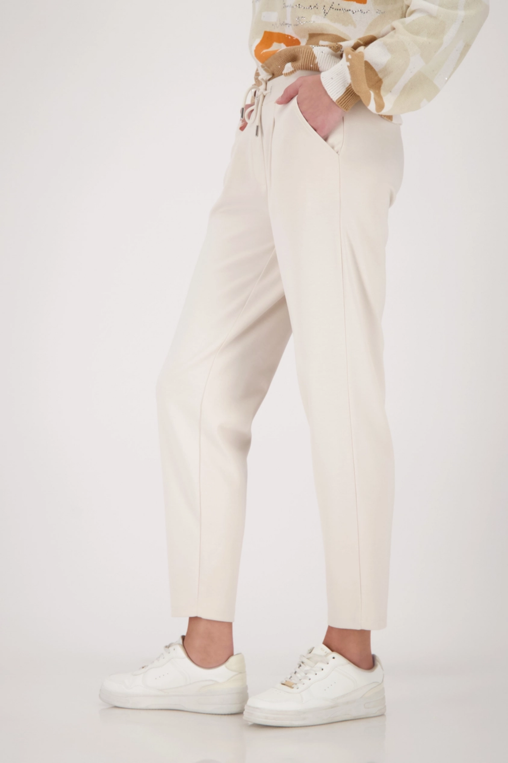 Monari 410465 Drawstring Sweatpants Champagne Beige by Monari modeled with casual white sneakers Shop Monari at Dotique