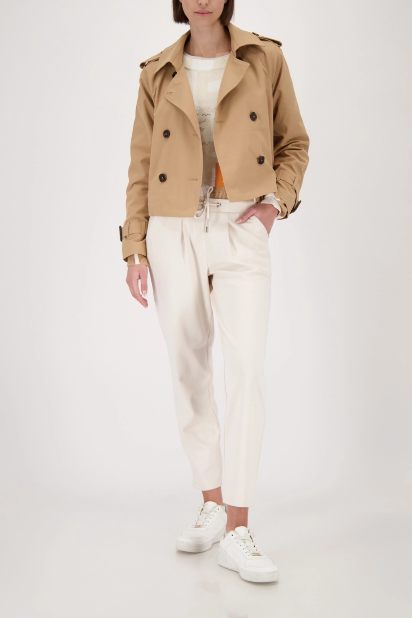 Monari 410465 Drawstring Sweatpants Champagne Beige styled with beige jacket, shop Monari at Dotique for elegant casual wear.