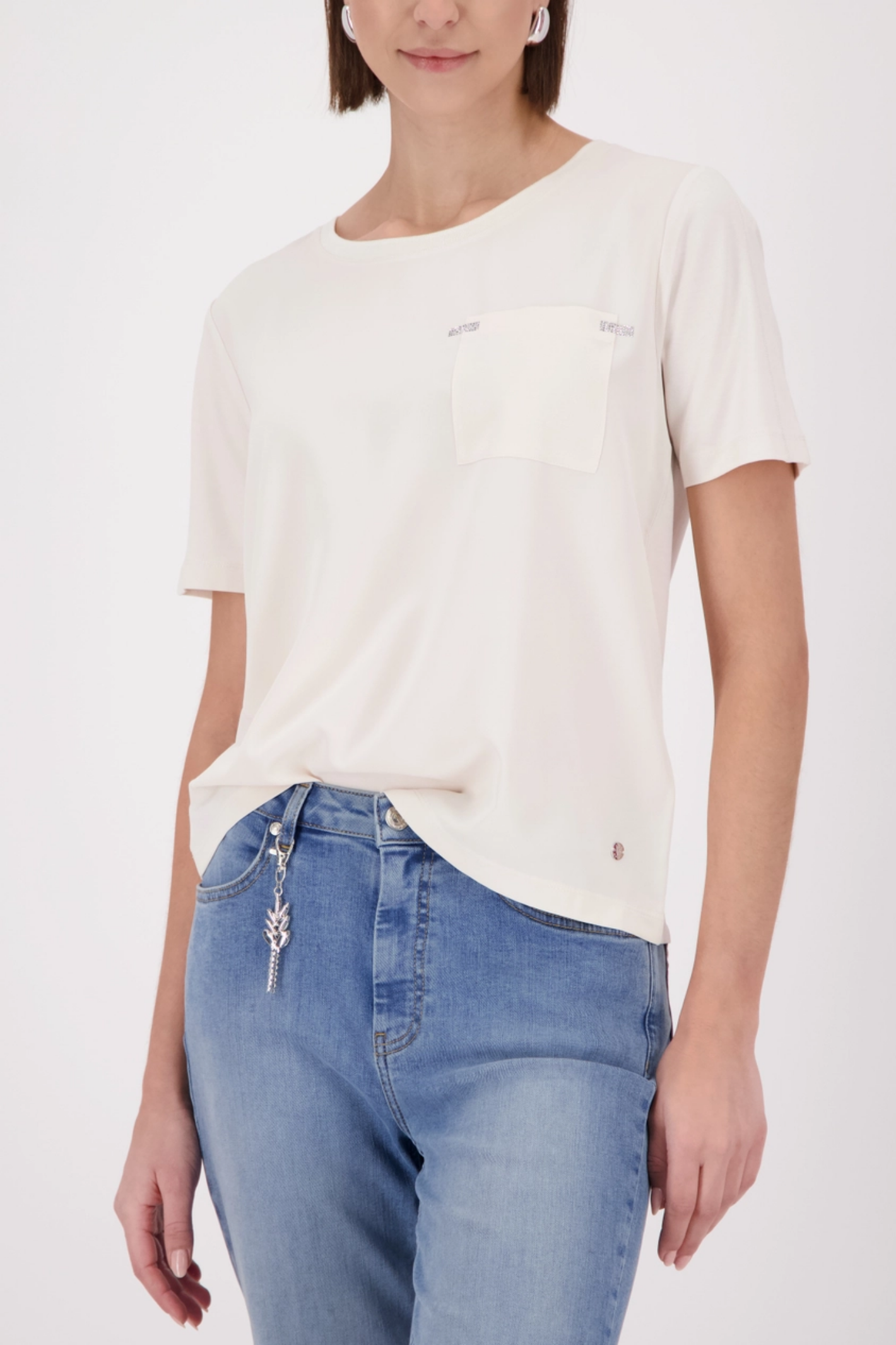 Monari 410467 Rhinestone Detail Top Champagne Beige by Monari worn by model, shop Monari at Dotique online fashion retailer.