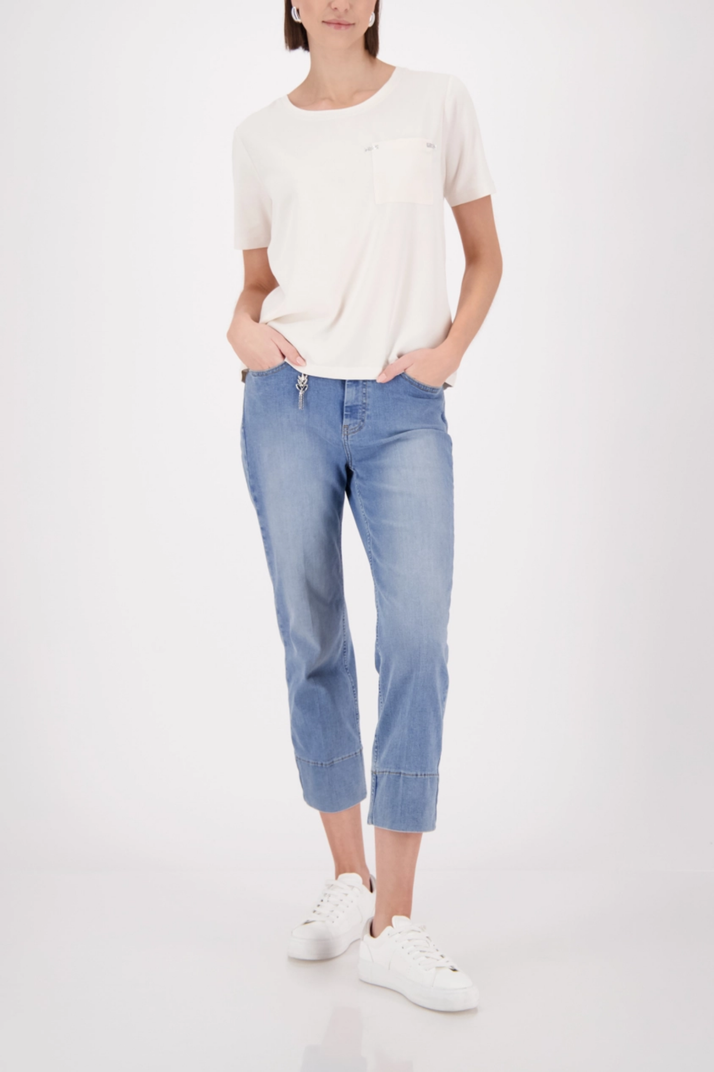 Model wearing Monari 410467 Rhinestone Detail Top Champagne Beige by Monari, shop Monari at Dotique for elegant style.