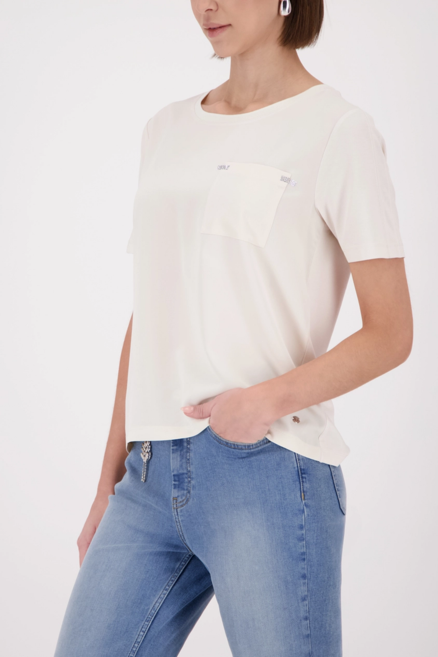 Woman wearing Monari 410467 Rhinestone Detail Top Champagne Beige by Monari, shop Monari at Dotique online.