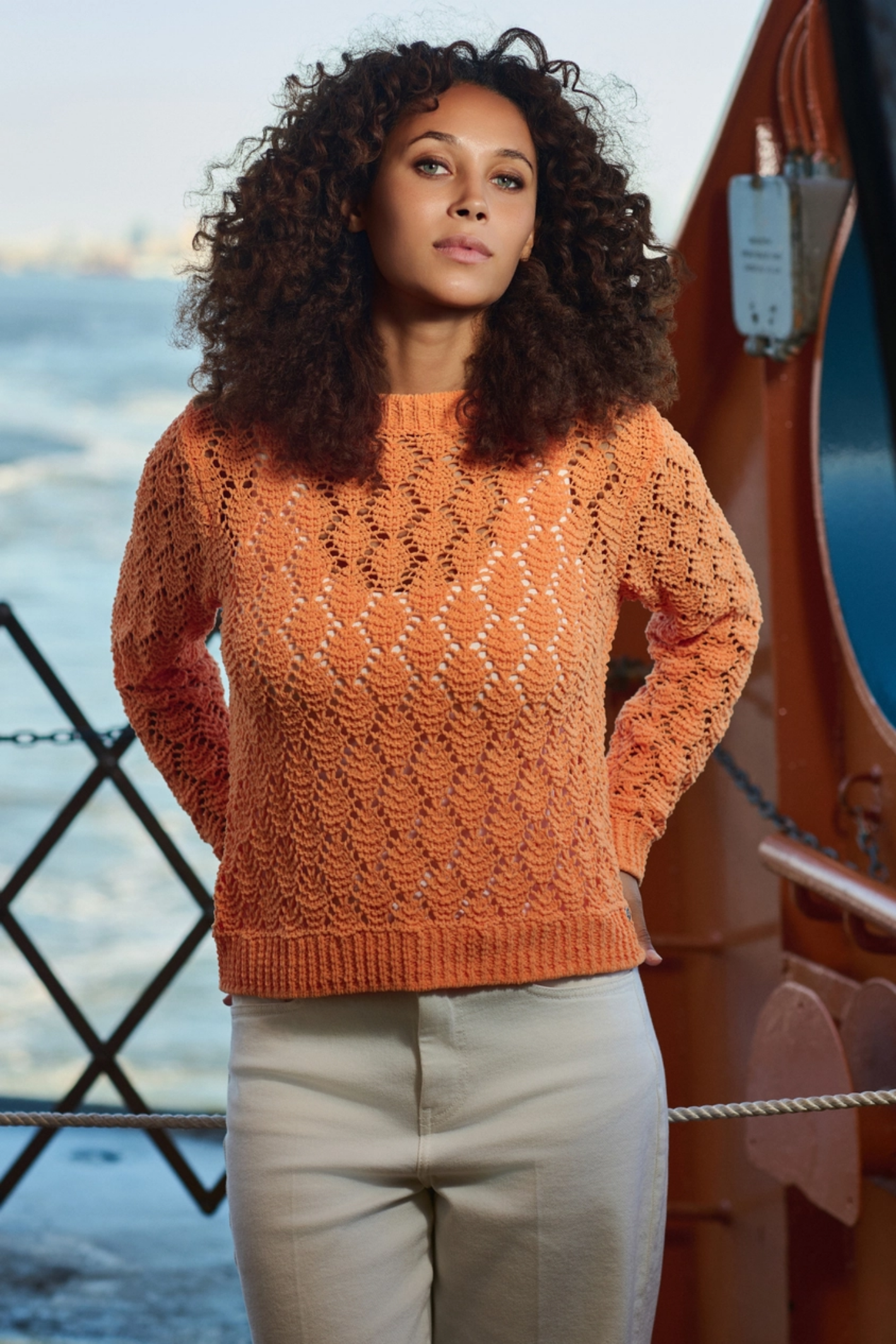 Woman wearing Monari 410392 Ajour Knit Jumper Aperitif by Monari, shop Monari at Dotique for stylish knitwear.