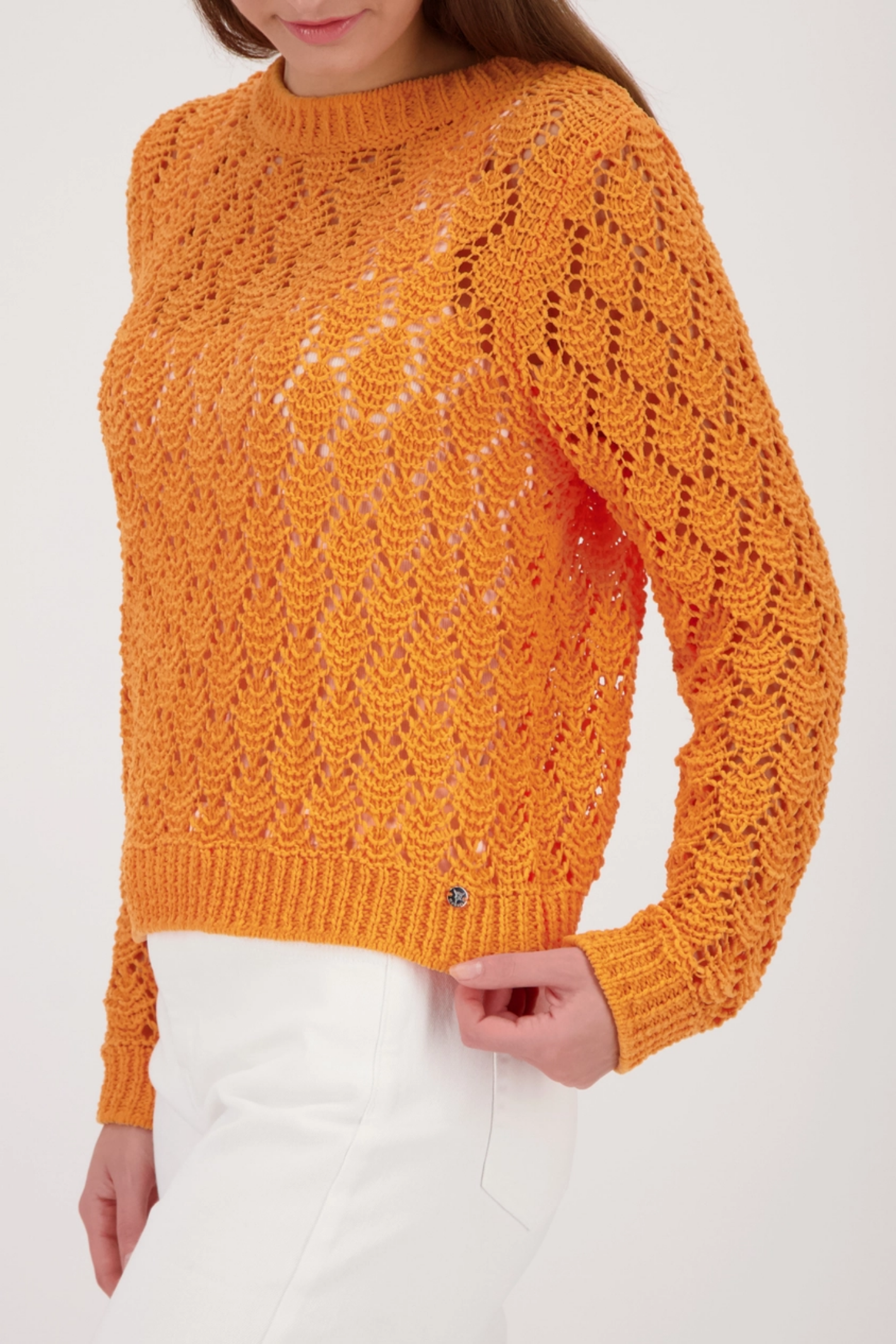Monari 410392 Ajour Knit Jumper Aperitif in orange worn by model, shop Monari at Dotique for stylish knitwear options.