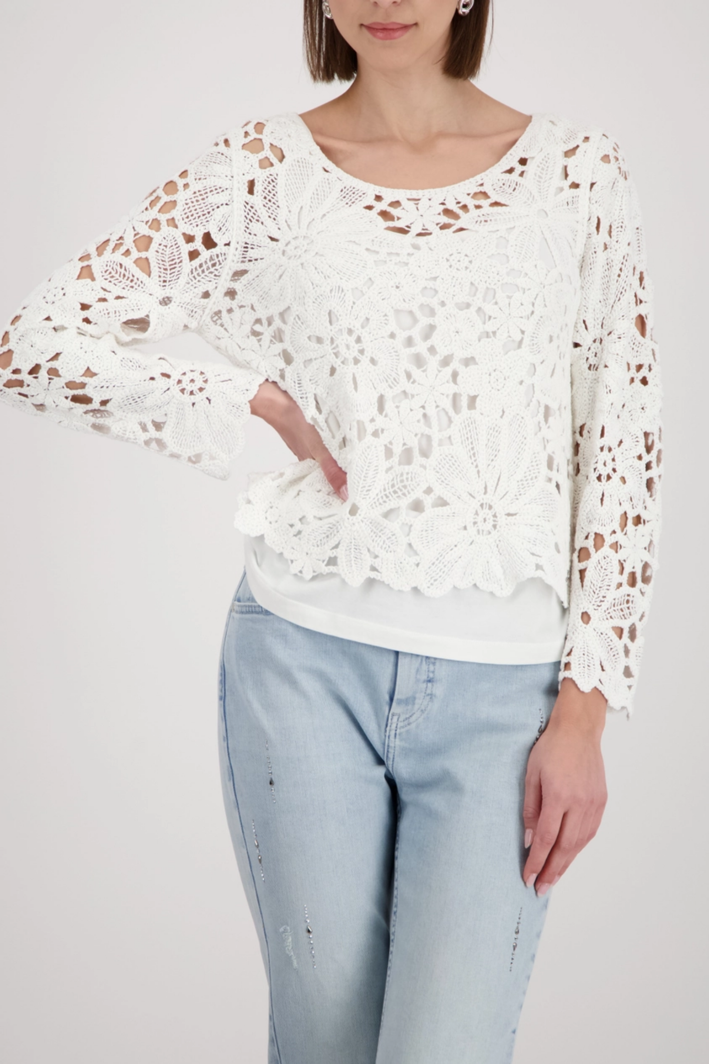 Monari 410237 Cornelly Crochet Pattern Jumper Off White by Monari, shop Monari at Dotique for elegant crochet styles.