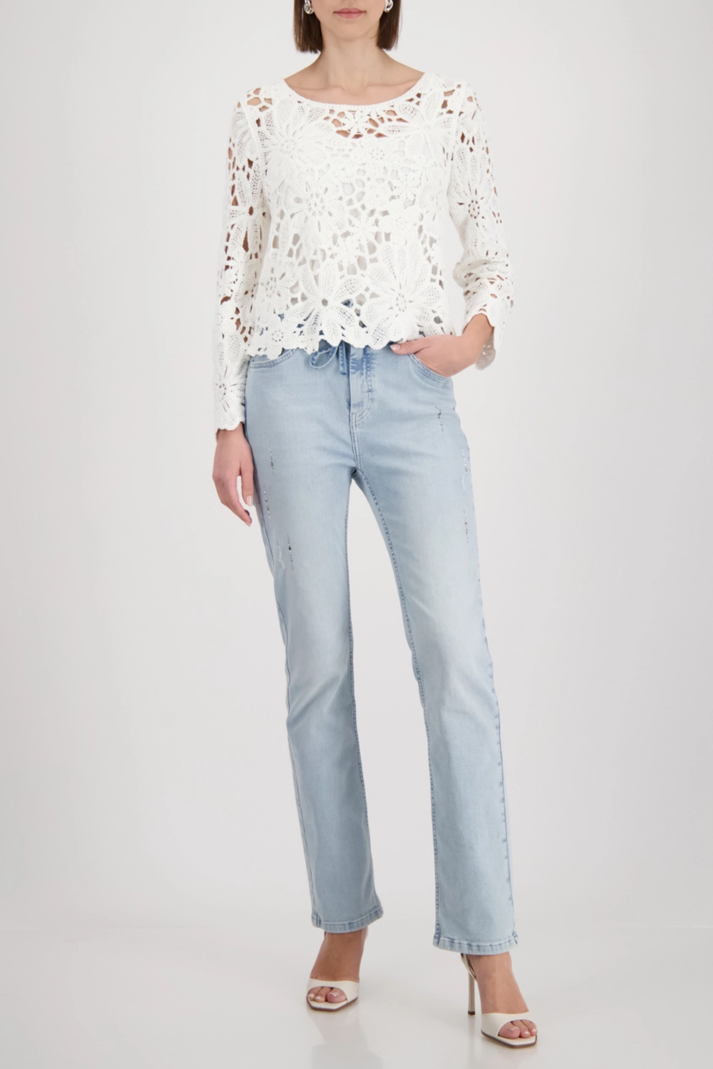 Monari 410237 Cornelly Crochet Pattern Jumper Off White by Monari on model with jeans, shop Monari at Dotique.