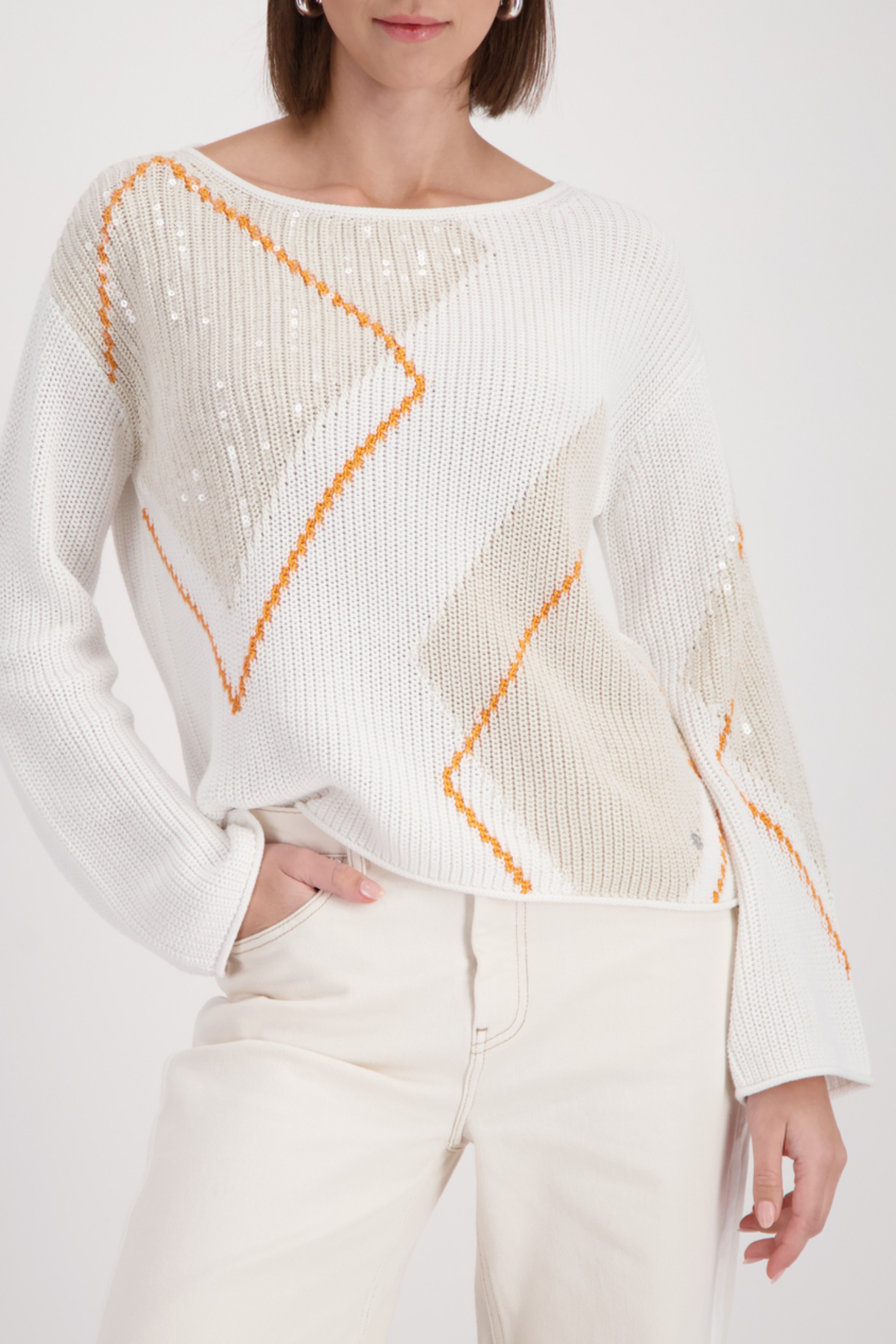 Woman wearing Monari 410281 Diamond Pattern Sequin Jumper Off White by Not specified, shop Not specified at Dotique