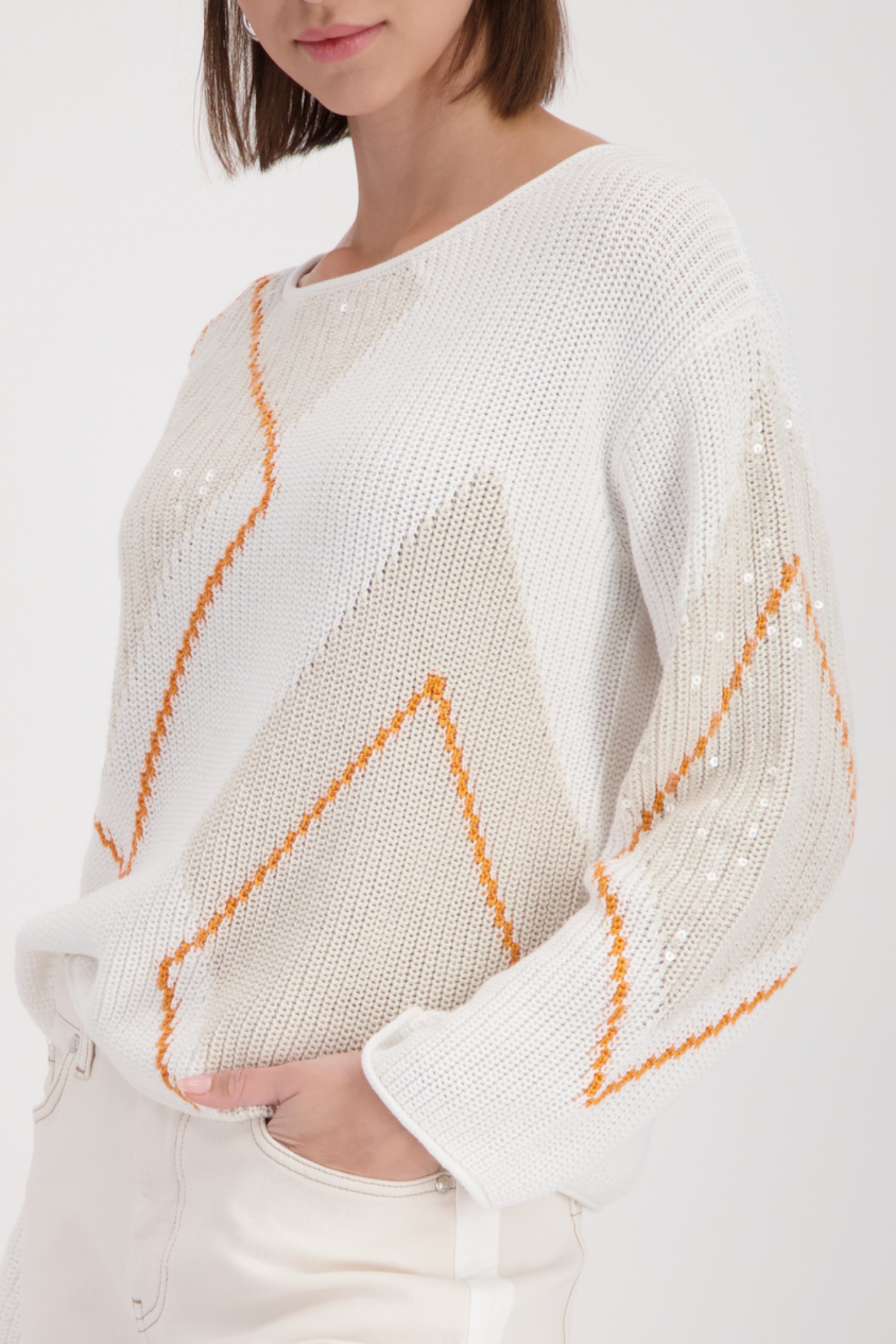Woman wearing Monari 410281 Diamond Pattern Sequin Jumper Off White by Not specified, shop Not specified at Dotique.