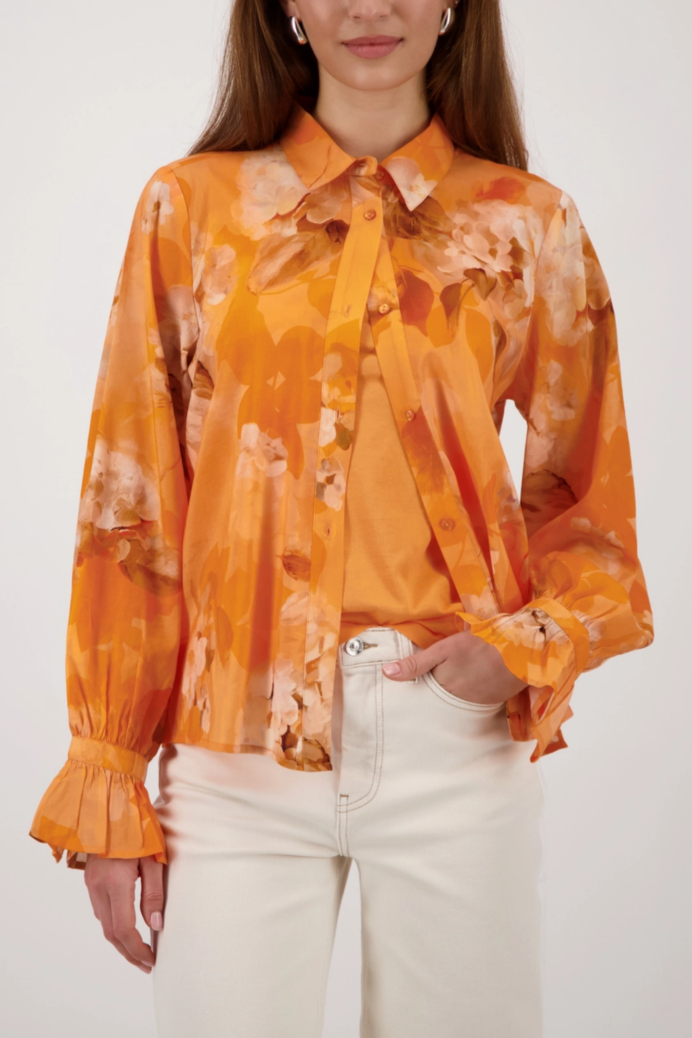 Monari 410259 Floral Pattern Blouse Aperitif in warm tones by Monari, shop Monari at Dotique for stylish floral tops.