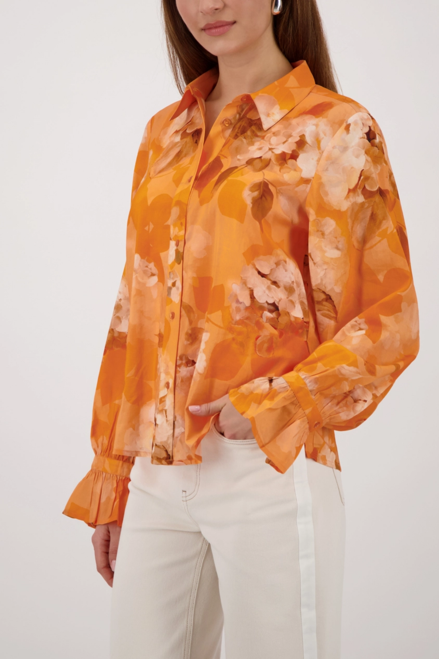 Monari 410259 Floral Pattern Blouse Aperitif in orange tones by Monari, shop Monari at Dotique for stylish floral blouses.