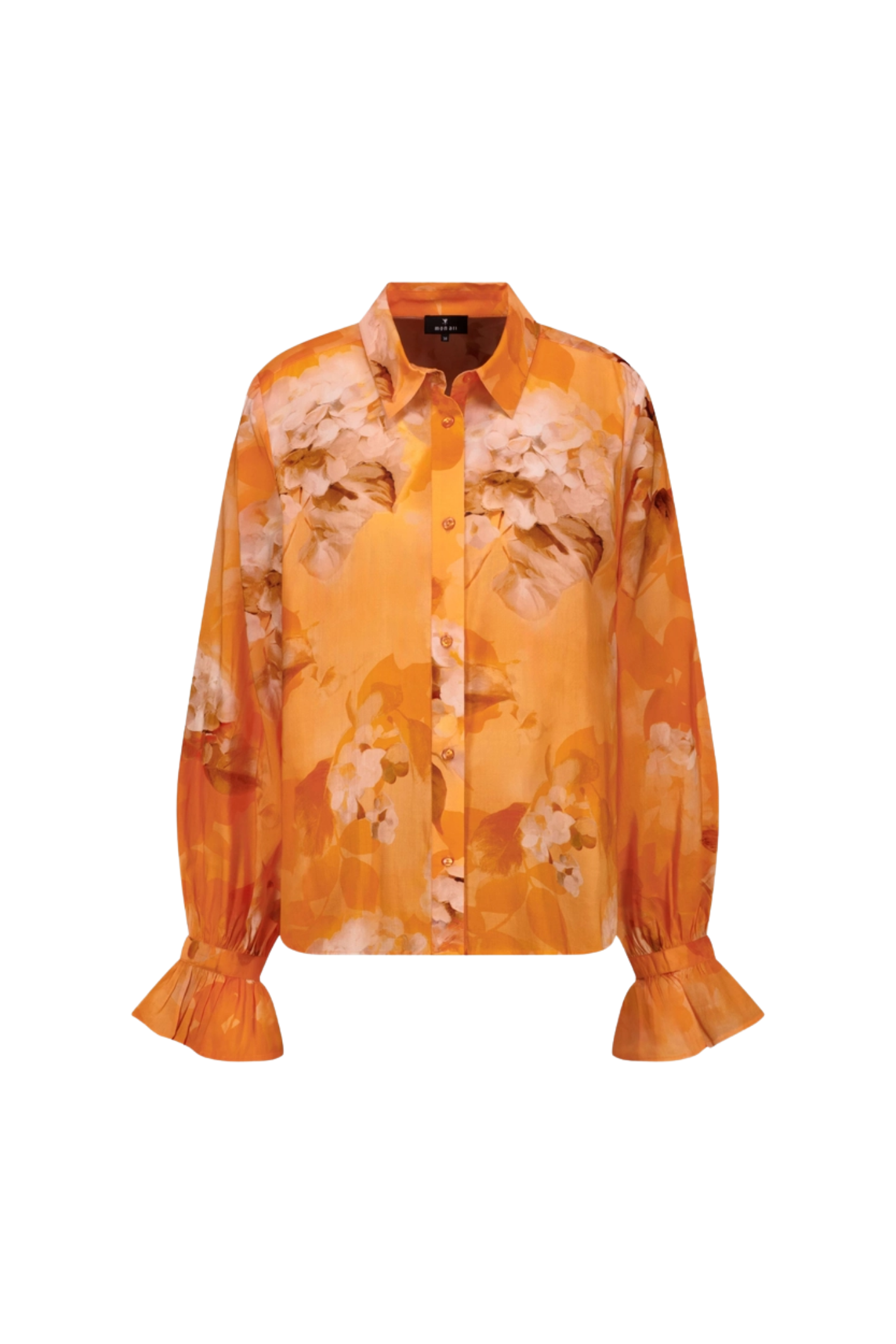 Monari 410259 Floral Pattern Blouse Aperitif by Monari in orange floral design with ruffle cuffs, shop Monari at Dotique
