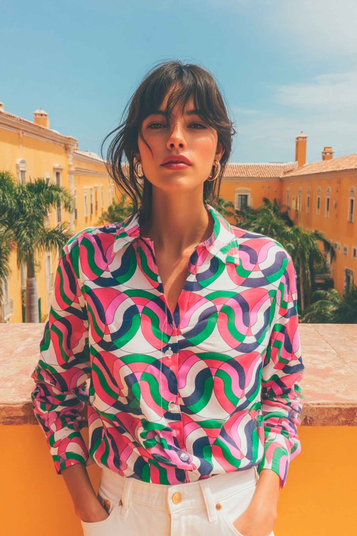 Vilagallo 33449 Multicolour Geometric Print Shirt by Vilagallo worn outdoors, shop Vilagallo at Dotique.