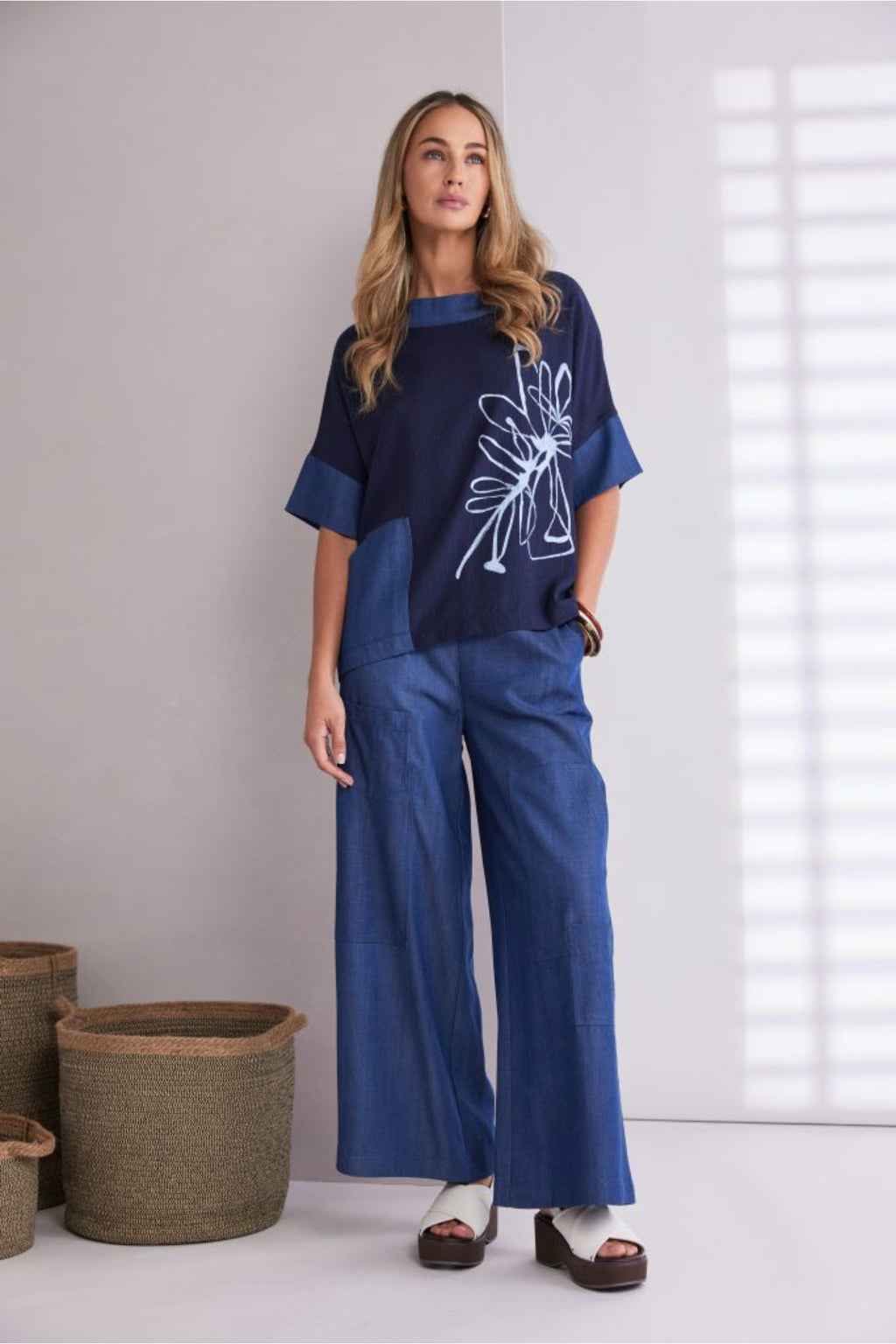 Naya NPA26273 Denim Look Placement Print Top With Contrast Collar And Pocket Denim Blue