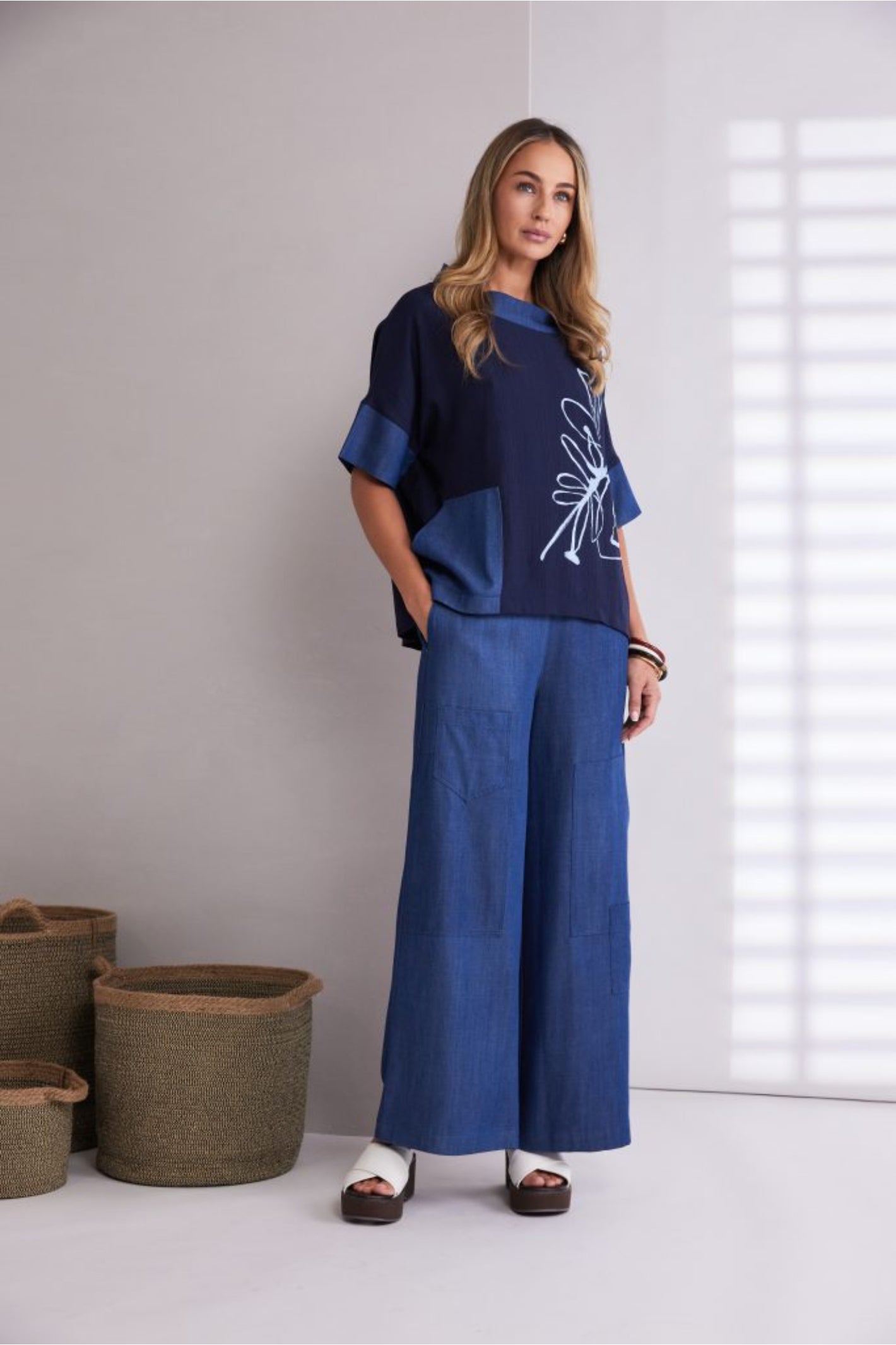 Naya NPA26273 Denim Look Placement Print Top With Contrast Collar And Pocket Denim Blue