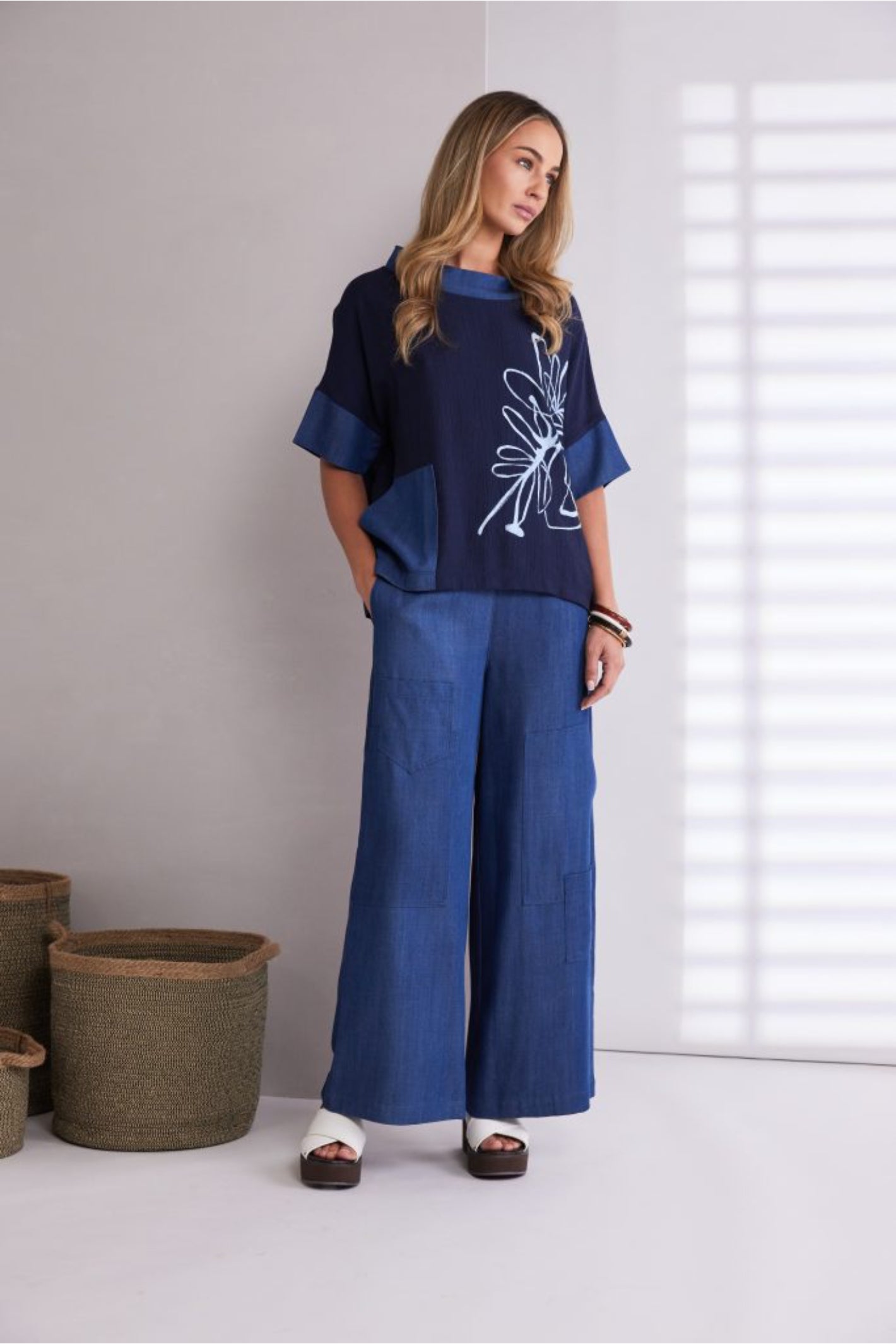 Naya NPA26273 Denim Look Placement Print Top With Contrast Collar And Pocket Denim Blue