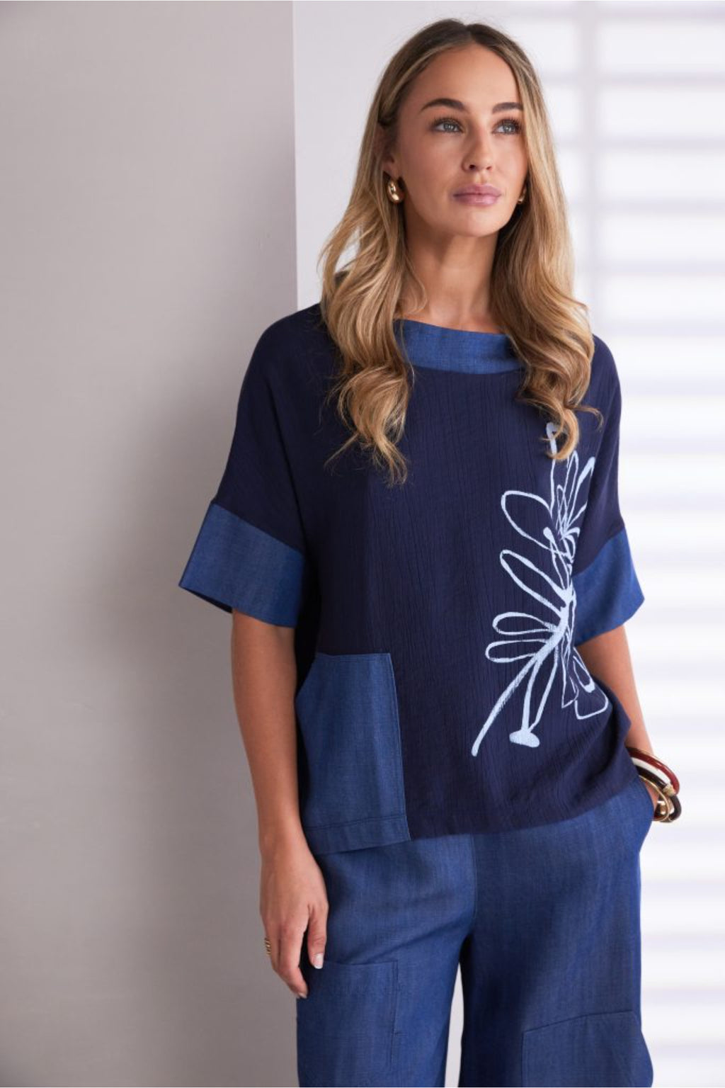 Naya NPA26273 Denim Look Placement Print Top With Contrast Collar And Pocket Denim Blue