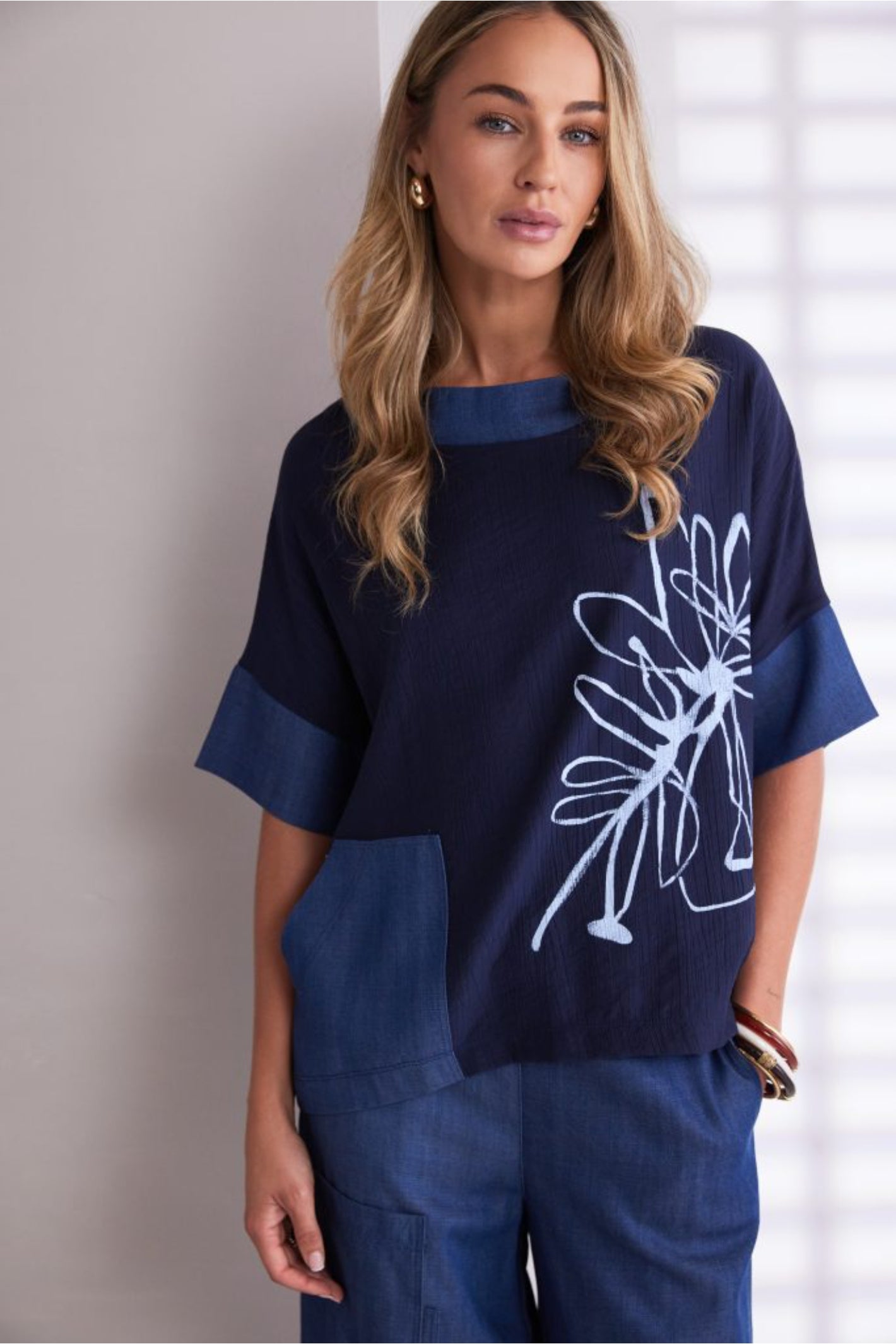 Naya NPA26273 Denim Look Placement Print Top With Contrast Collar And Pocket Denim Blue
