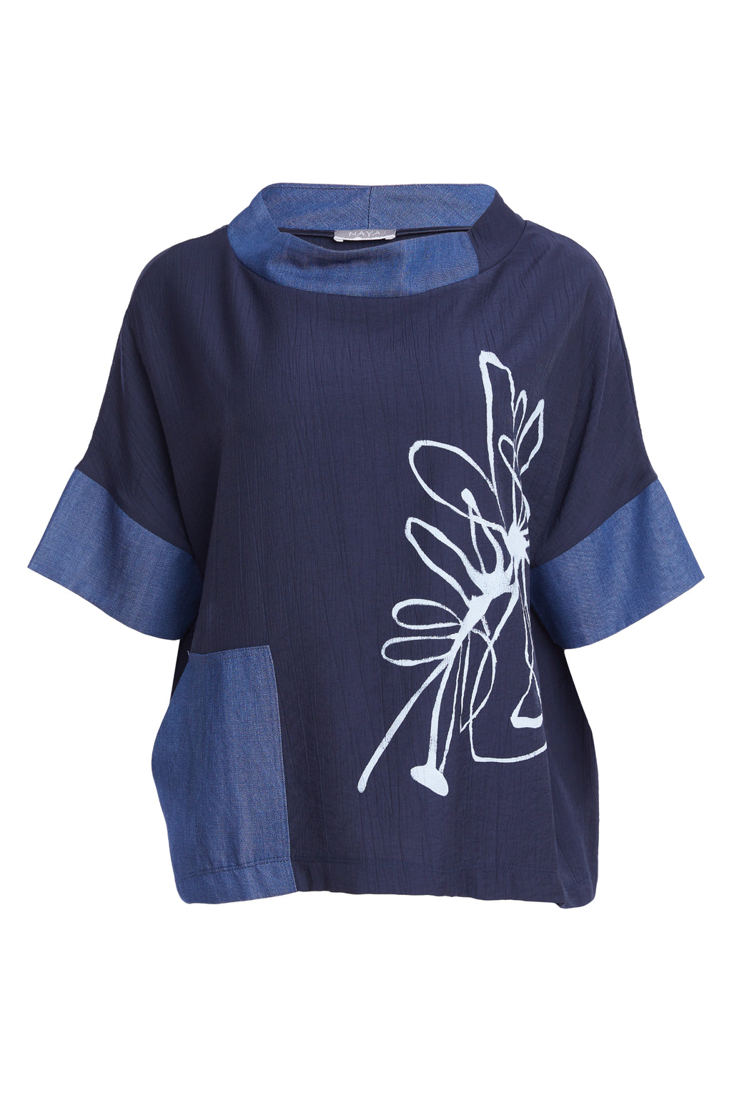 Naya NPA26273 Denim Look Placement Print Top With Contrast Collar And Pocket Denim Blue