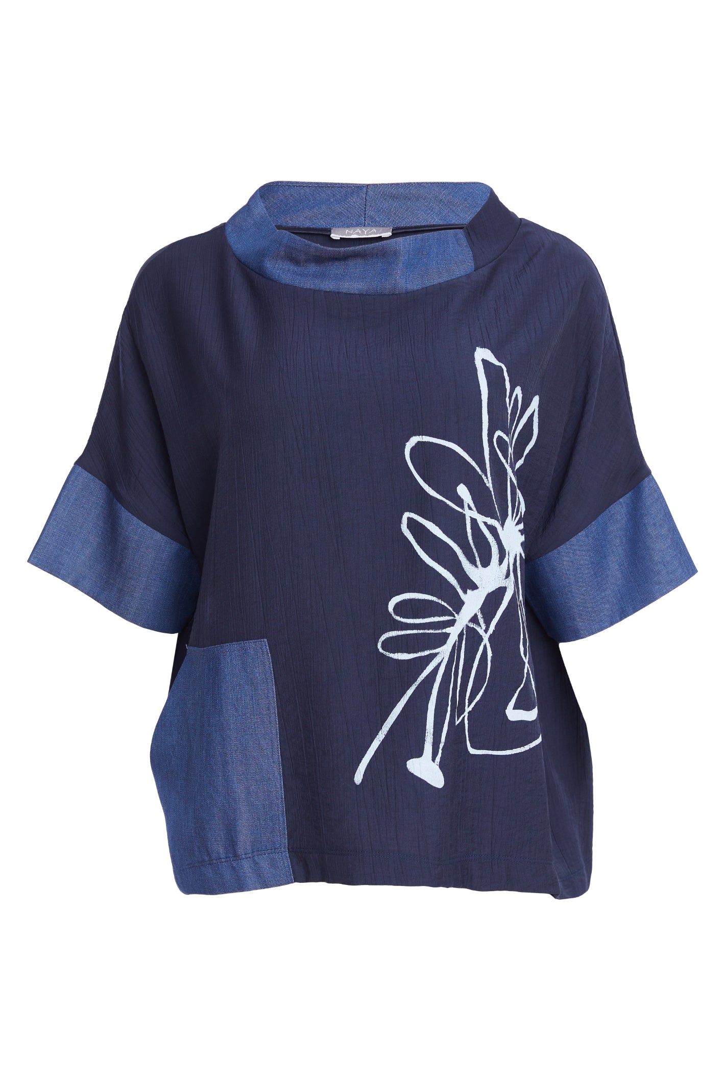 Naya NPA26273 Denim Look Placement Print Top With Contrast Collar And Pocket Denim Blue