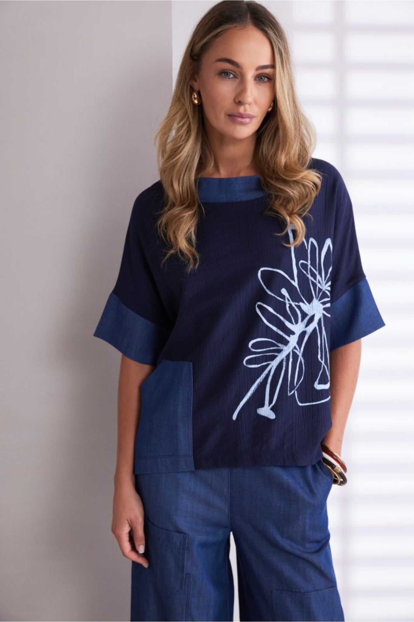 Naya NPA26273 Denim Look Placement Print Top With Contrast Collar And Pocket Denim Blue