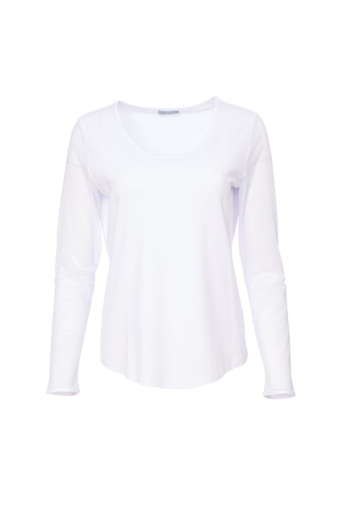 Soft off-white Naya jersey top with sheer mesh sleeves and a flattering round neckline. Easy to wear and perfect for layering. Shop at Dotique.
