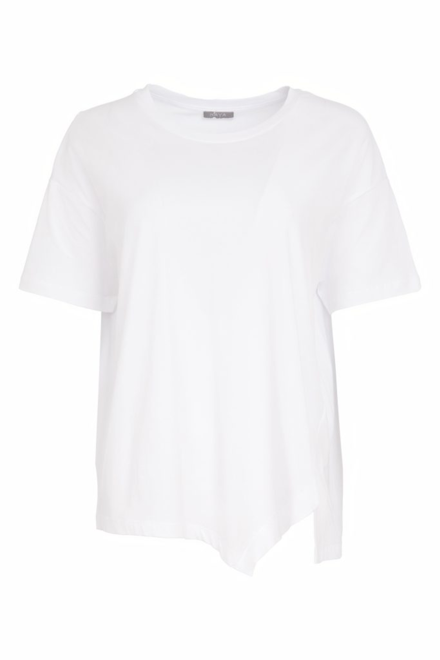White Naya jersey top with a relaxed fit and cut-out hem detail. Soft, easy to wear and perfect for everyday. Shop at Dotique.