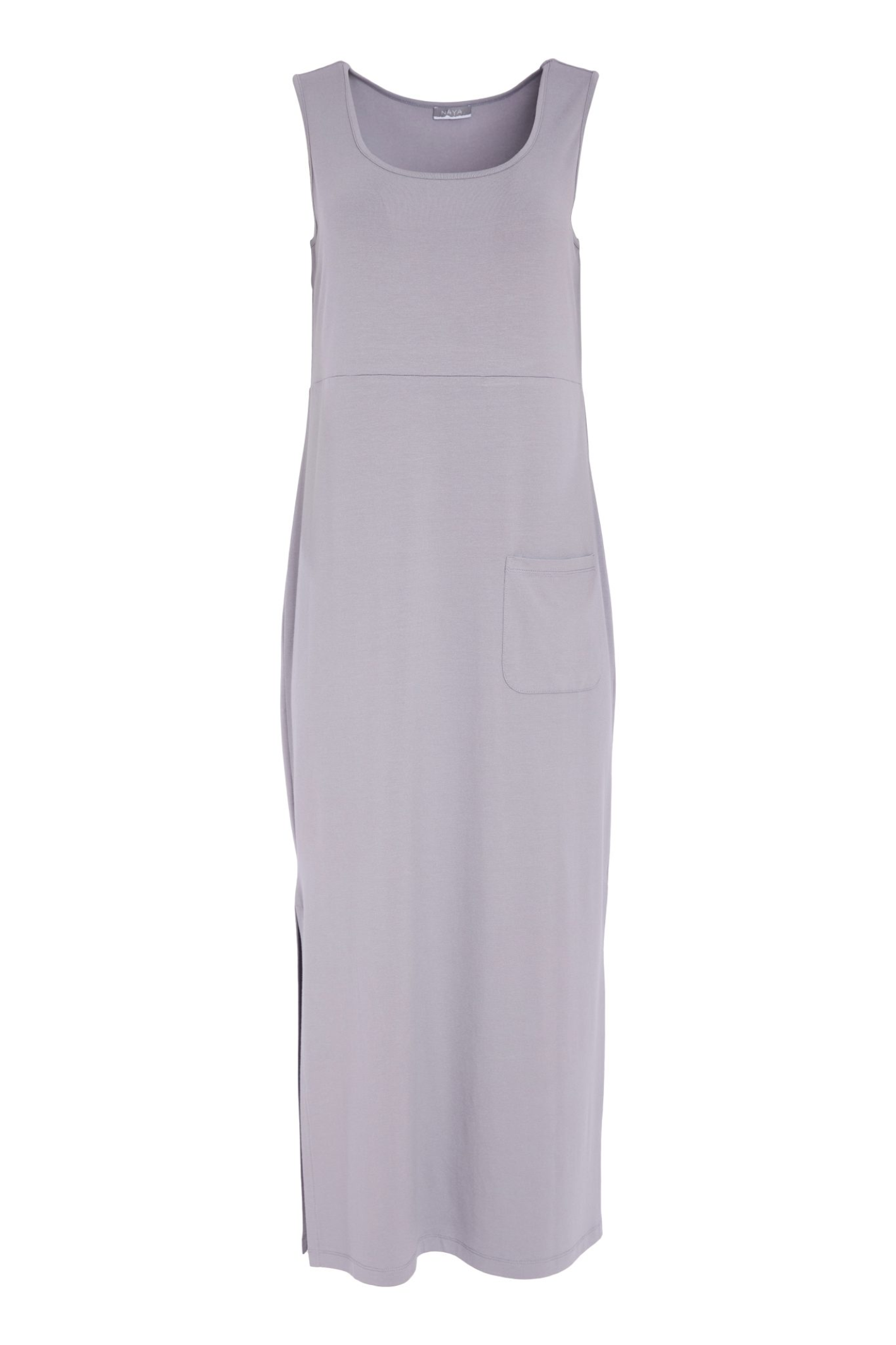 Soft dove grey Naya jersey dress with wide straps, side slit and patch pocket. Flattering, comfortable and easy to wear. Shop at Dotique.