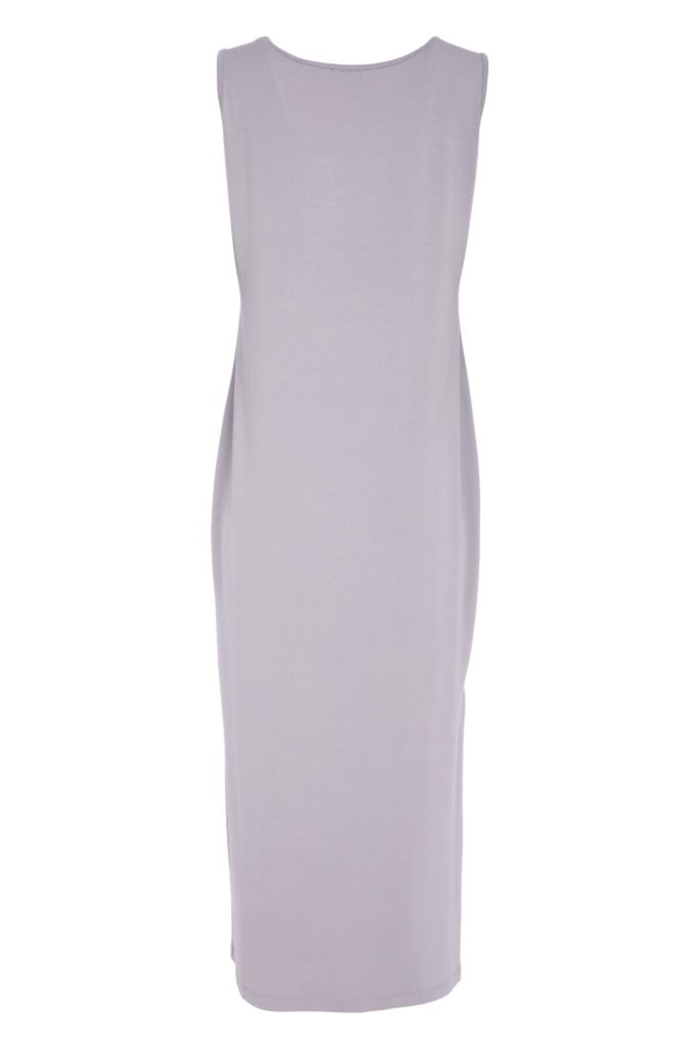 Soft dove grey Naya jersey dress with wide straps, side slit and patch pocket. Flattering, comfortable and easy to wear. Shop at Dotique.