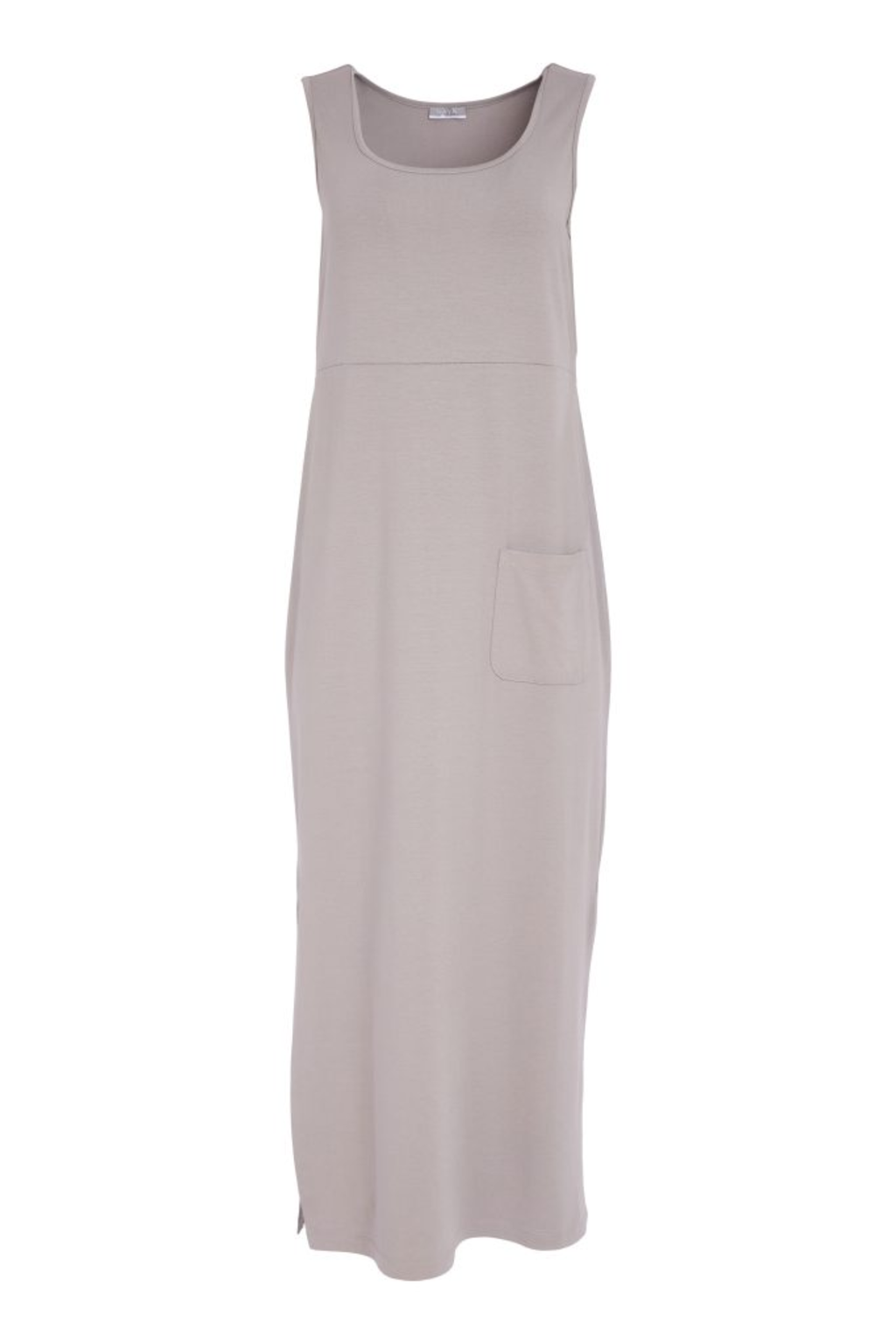 Soft taupe Naya jersey dress with wide straps, side slit and patch pocket. Comfortable, flattering and easy to wear. Shop at Dotique.