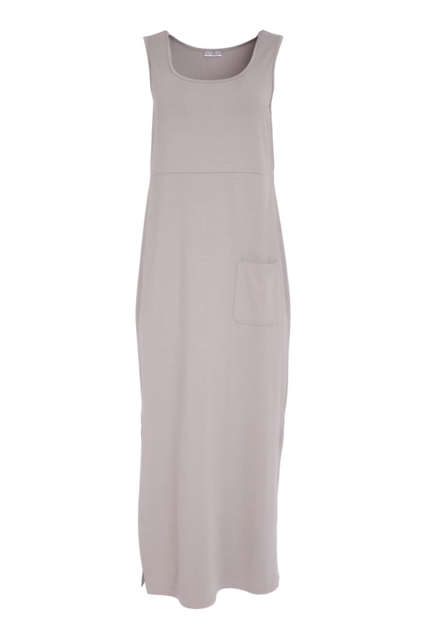 Soft taupe Naya jersey dress with wide straps, side slit and patch pocket. Comfortable, flattering and easy to wear. Shop at Dotique.