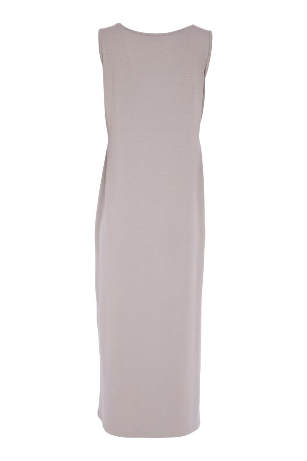 Soft taupe Naya jersey dress with wide straps, side slit and patch pocket. Comfortable, flattering and easy to wear. Shop at Dotique.