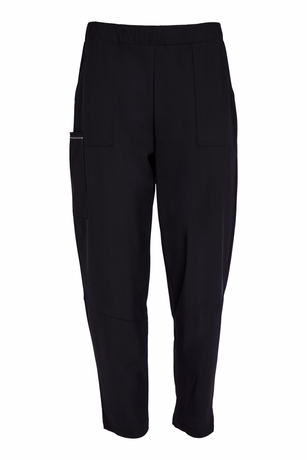 Black Naya elastic waist trousers with patch pocket and stretch fabric. Comfortable, flattering and easy to wear every day. Shop at Dotique.