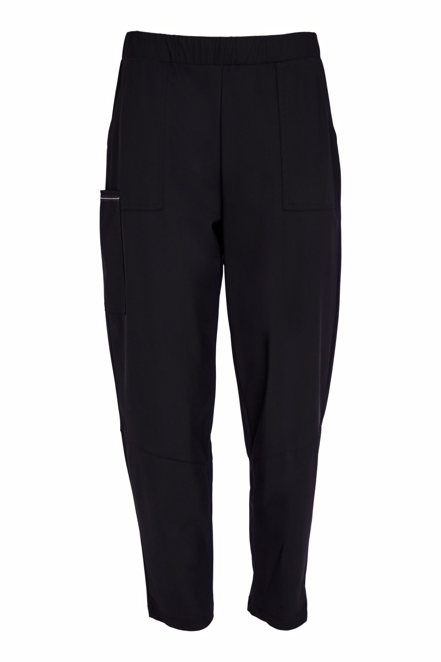 Black Naya elastic waist trousers with patch pocket and stretch fabric. Comfortable, flattering and easy to wear every day. Shop at Dotique.