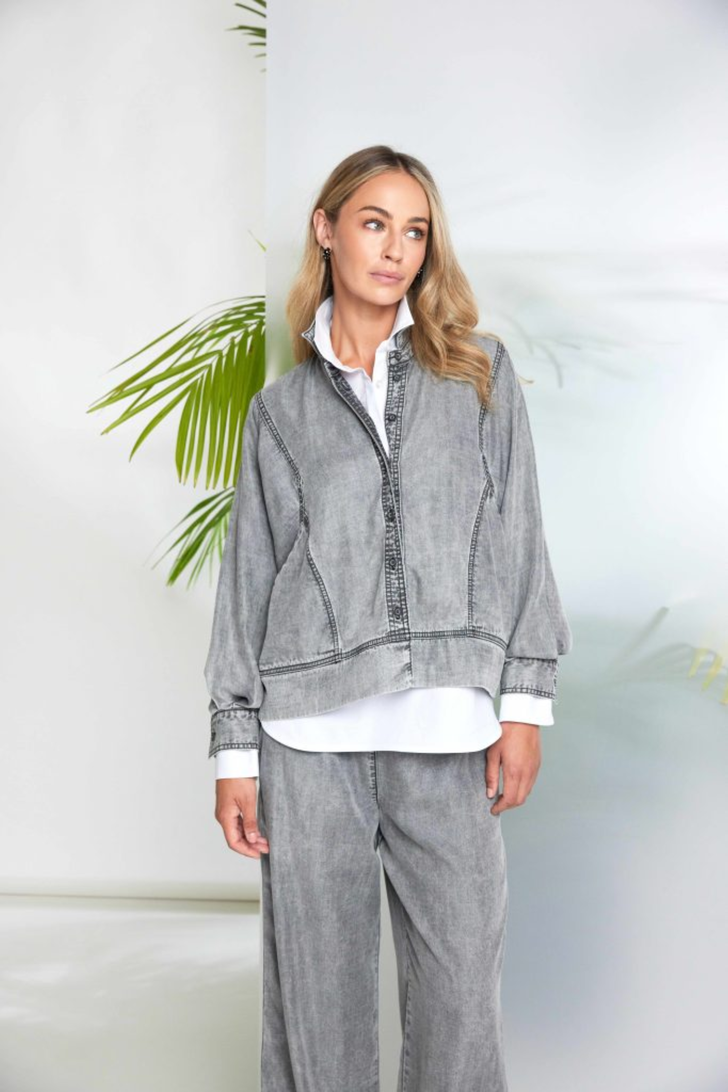 Model wearing Naya NAS26140 Granite Grey Washed Effect Jacket by Naya, shop Naya at Dotique in soft relaxed fit style