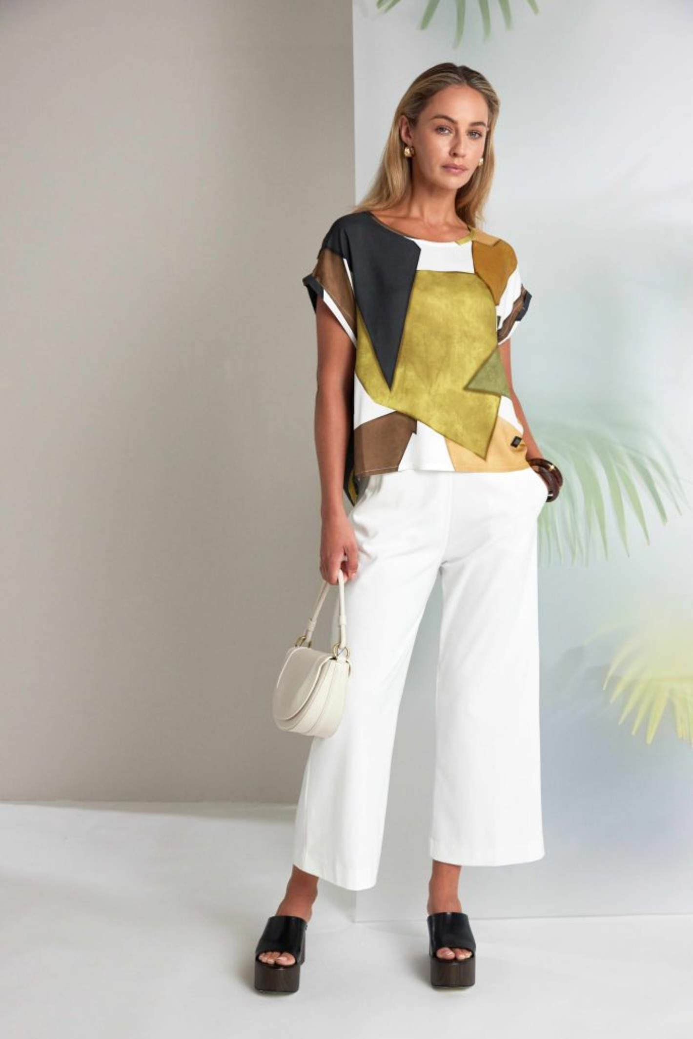 Model wearing Naya NAS26150 Oasis Multicolour Print Top by Naya, shop Naya at Dotique in contemporary relaxed style