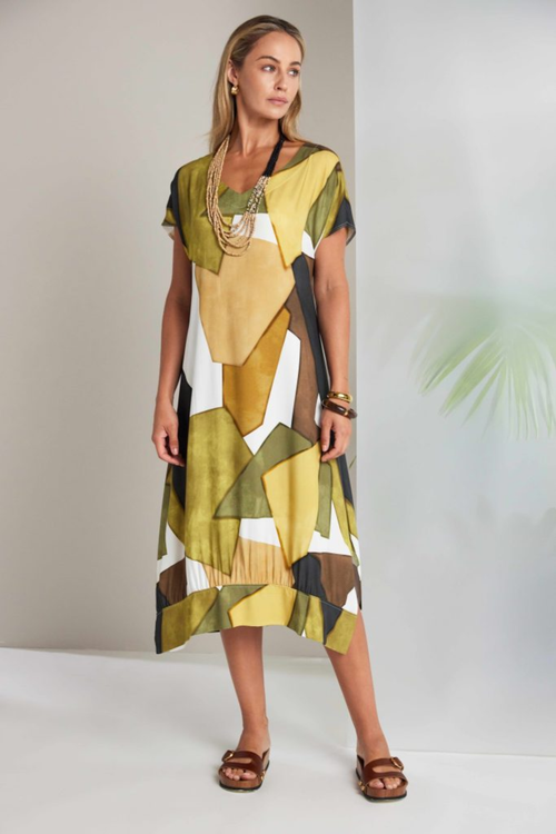 Model wearing Naya NAS26151 Oasis Multicolour V-Neck Dress by Naya, shop Naya at Dotique in bold abstract block print style
