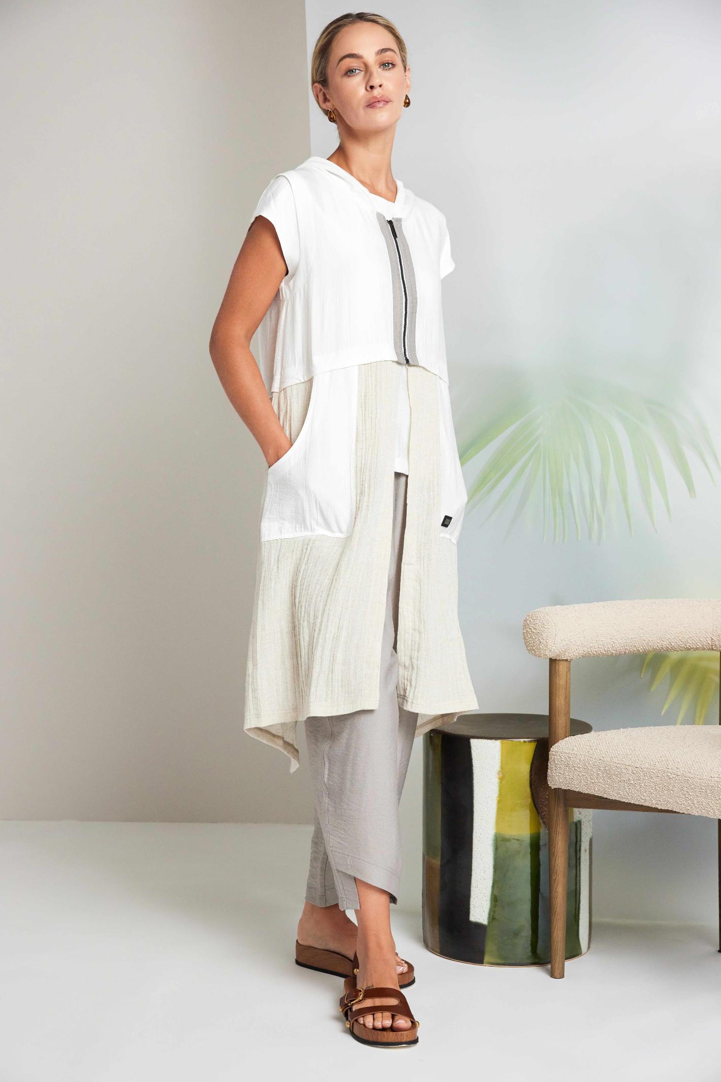 Model wearing Naya NAS26157 Hooded Longline Waistcoat with Zip in Pebble by Naya, shop Naya styles at Dotique