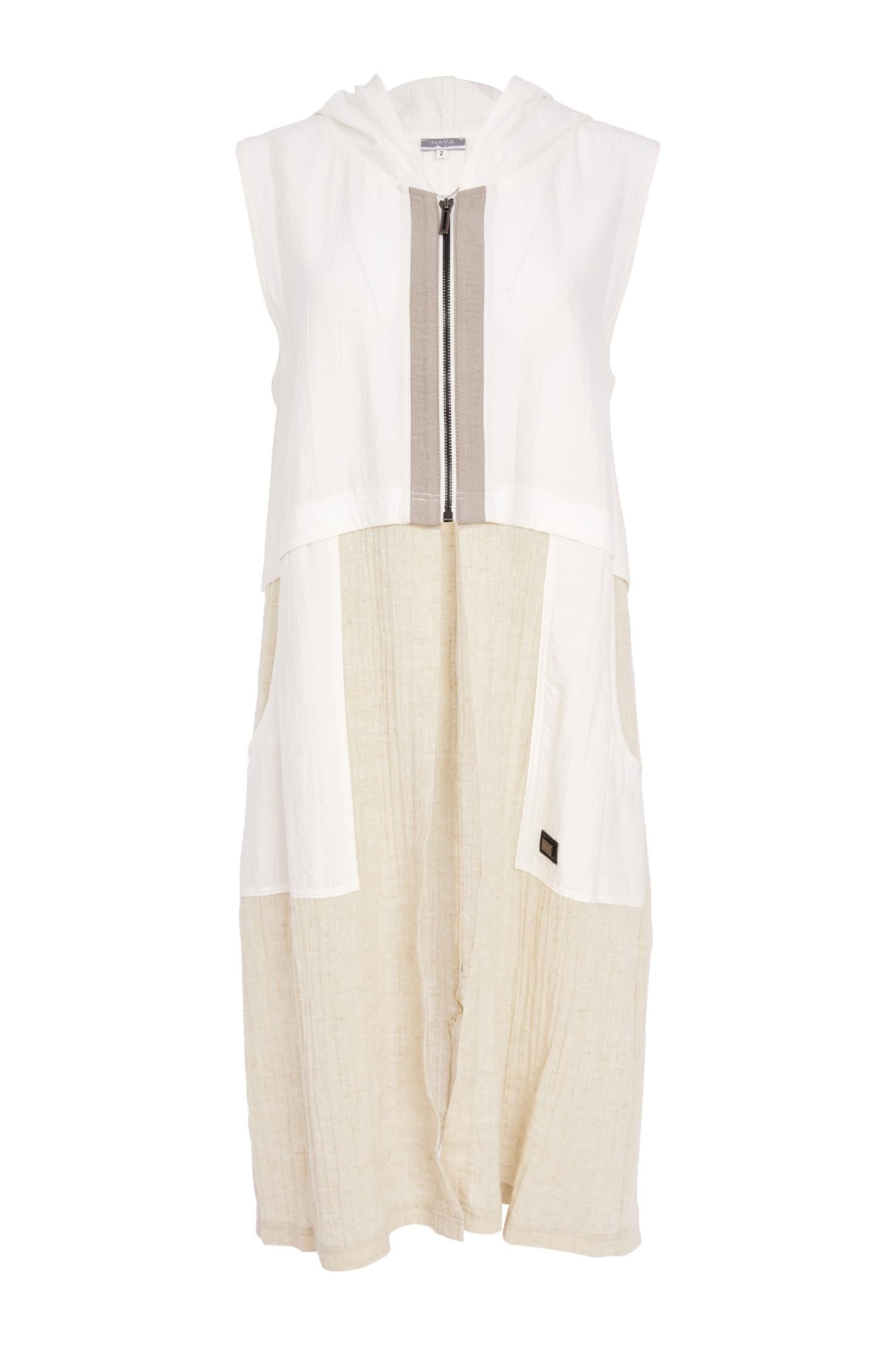 Naya NAS26157 Hooded Longline Waistcoat with Zip in Pebble by Naya, shop Naya styles at Dotique for layered textures