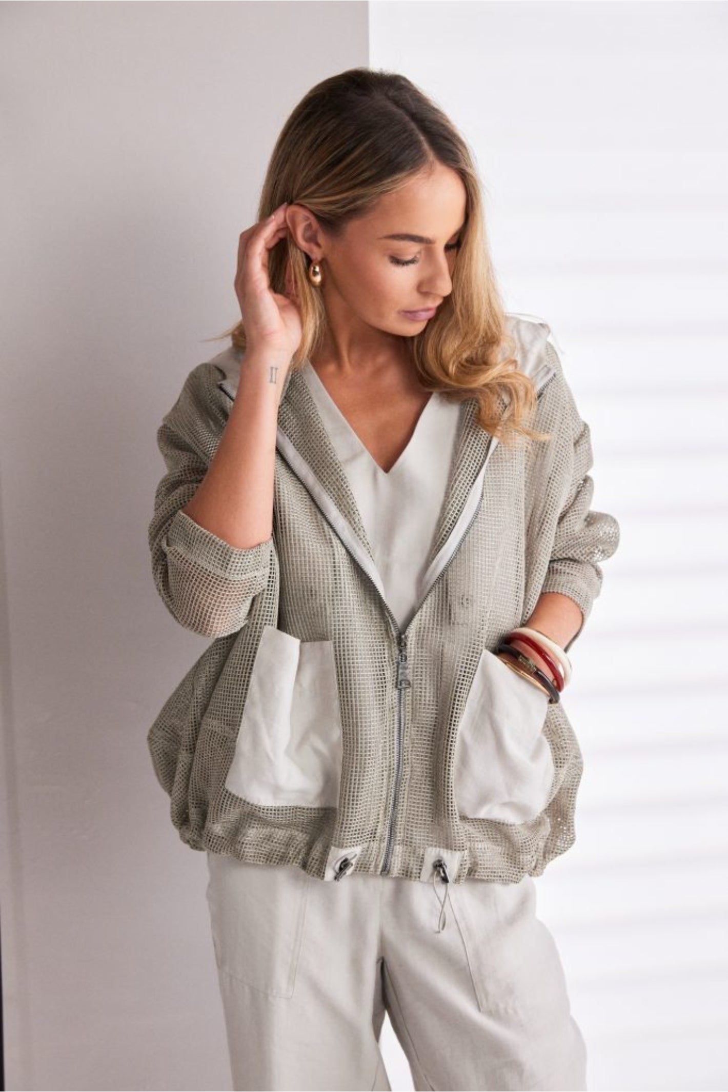 Naya NPA26220 Patch Pocket Vee Neck Top With Button Detail Ash