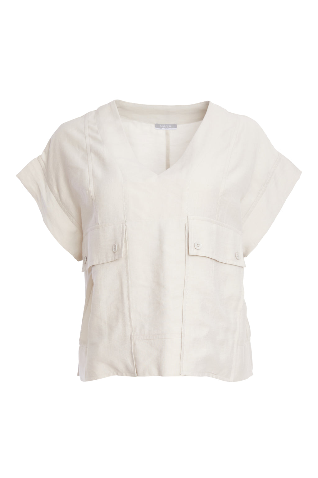 Naya NPA26220 Patch Pocket Vee Neck Top With Button Detail Ash