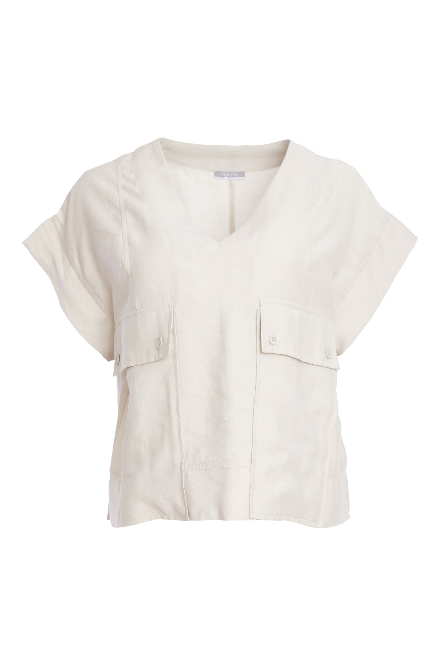 Naya NPA26220 Patch Pocket Vee Neck Top With Button Detail Ash by Naya, featuring short sleeves and front patch pockets. Shop Naya at Dotique.
