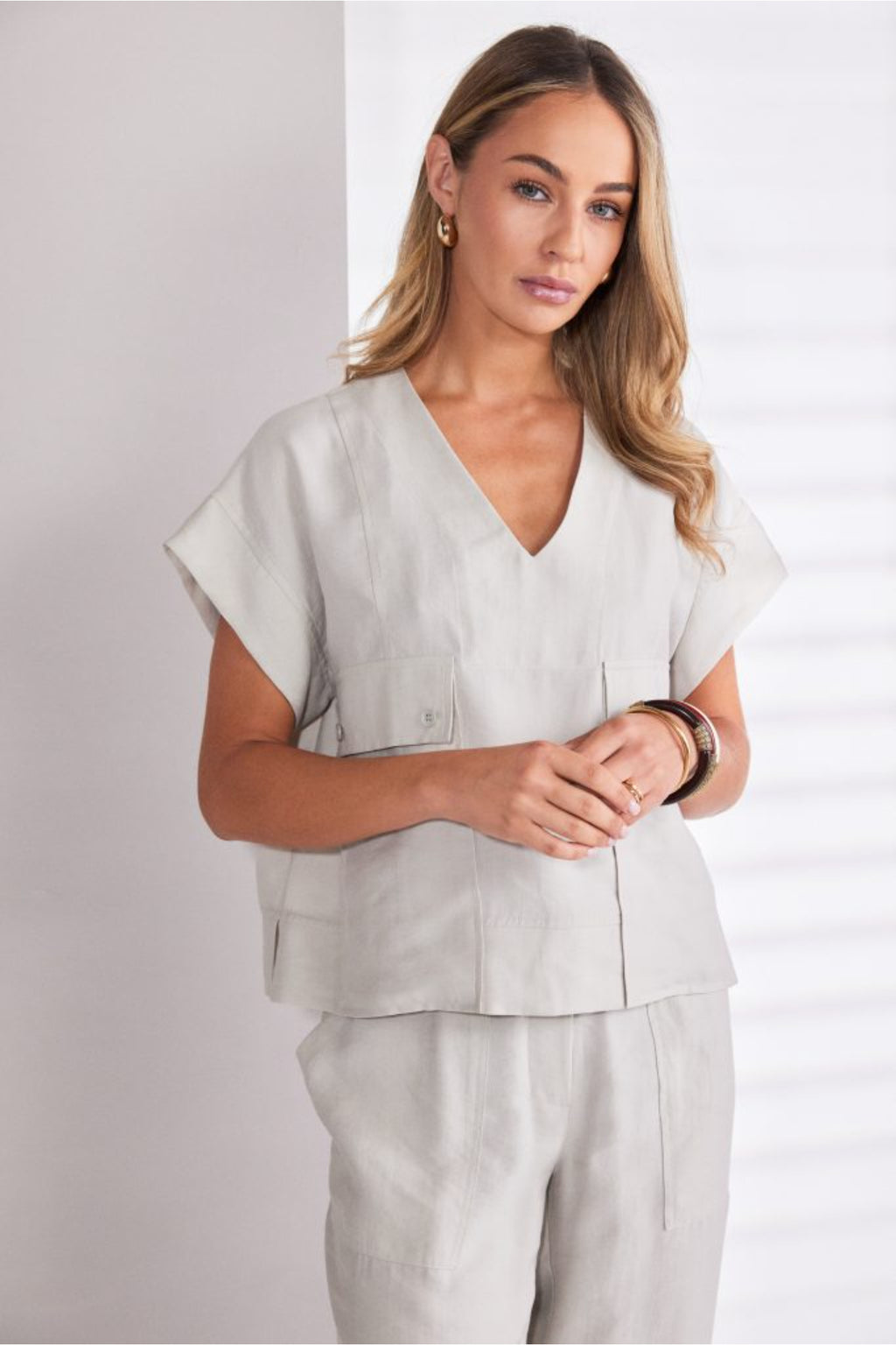 Naya NPA26220 Patch Pocket Vee Neck Top With Button Detail Ash