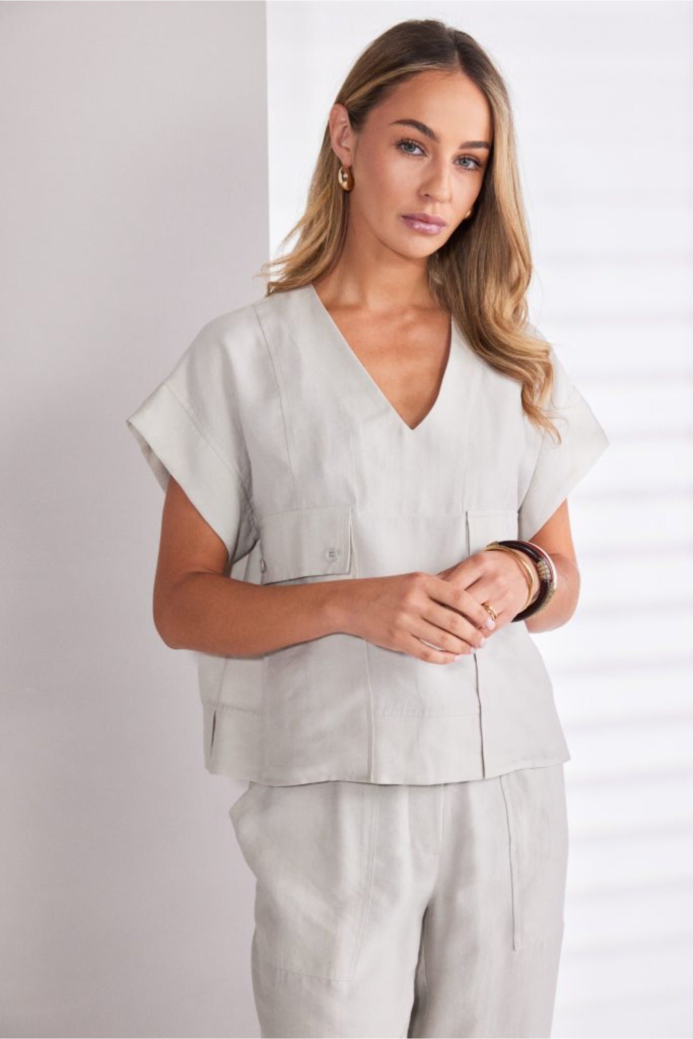 Naya NPA26220 Patch Pocket Vee Neck Top With Button Detail Ash