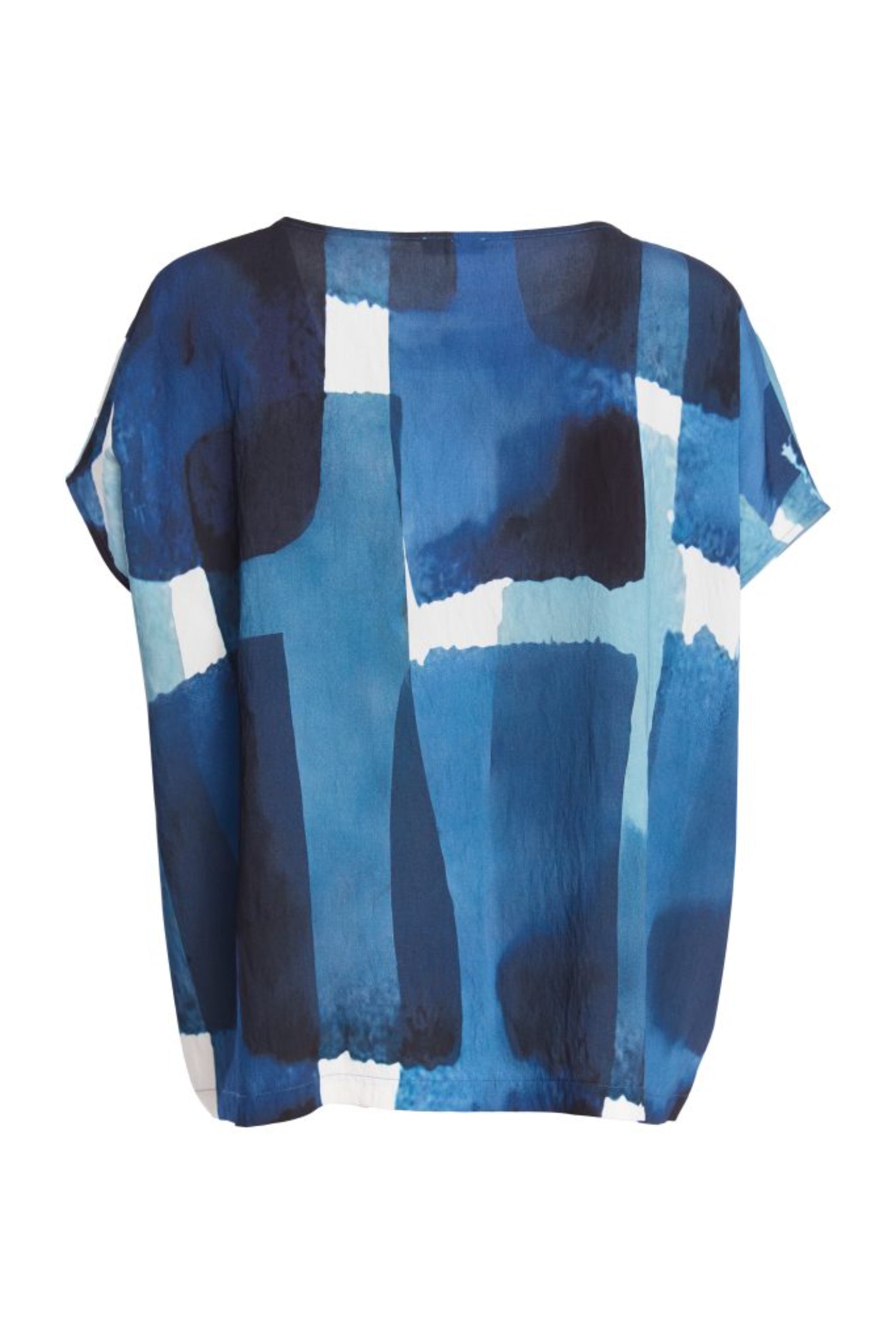 NAYA blue multi abstract print top featuring a round neckline, short sleeves and an artistic patchwork design.