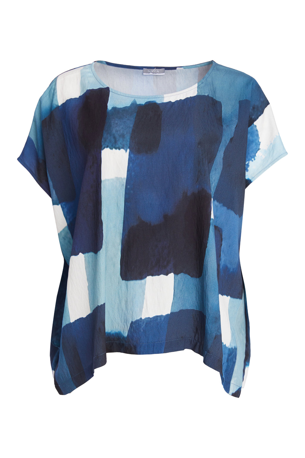 NAYA blue multi abstract print top featuring a round neckline, short sleeves and an artistic patchwork design.
