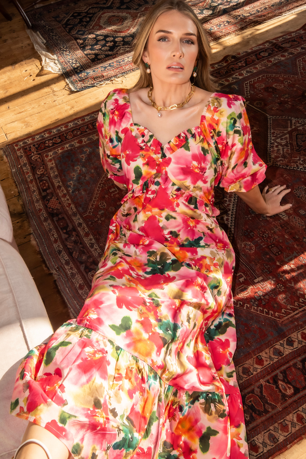 Woman wearing New Day Originals Universe Dress Summer Bouquet by New Day Originals, shop New Day Originals at Dotique