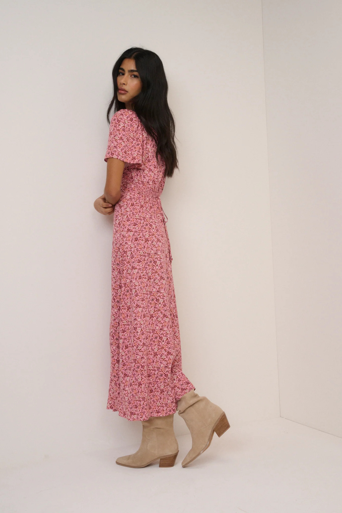 Nobody's Child Pink Floral Atlas Midi Dress by nobody’s child styled with boots Shop nobody’s child at Dotique