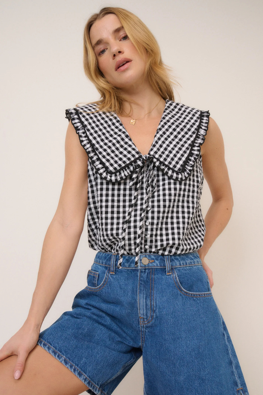 Nobody's Child Blair Black Gingham Ruffle Collar Button Through Top by nobody’s child Shop nobody’s child at Dotique