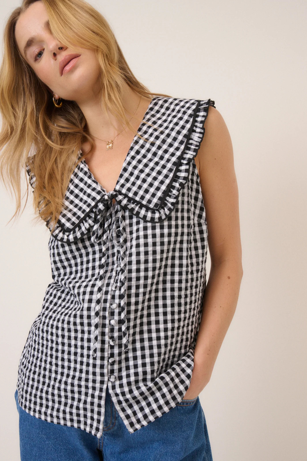 Nobody's Child Blair Black Gingham Ruffle Collar Button Through Top by nobody’s child Shop nobody’s child at Dotique