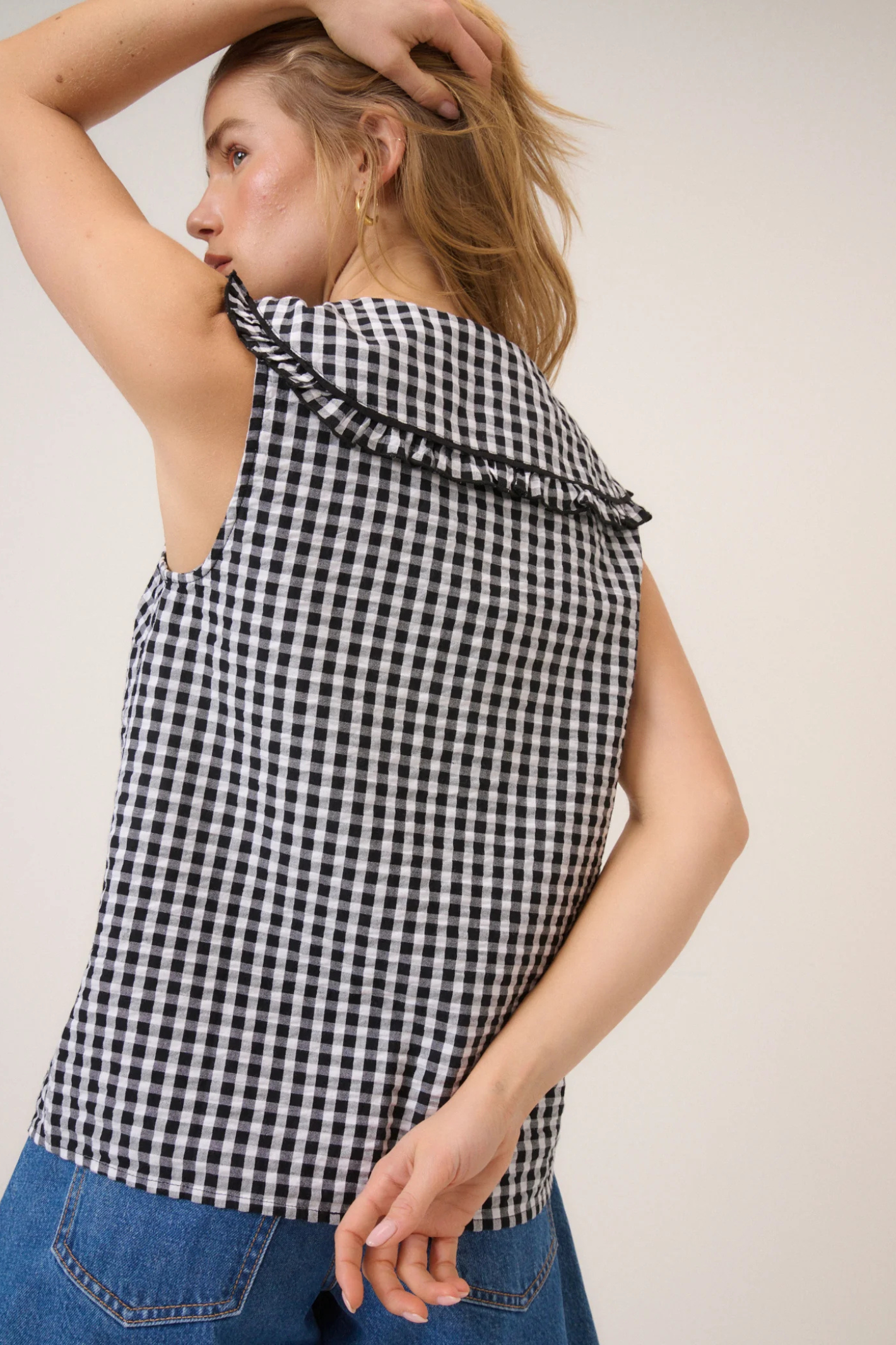 Nobody's Child Blair Black Gingham Ruffle Collar Button Through Top by nobody’s child styled with denim Shop nobody’s child at Dotique